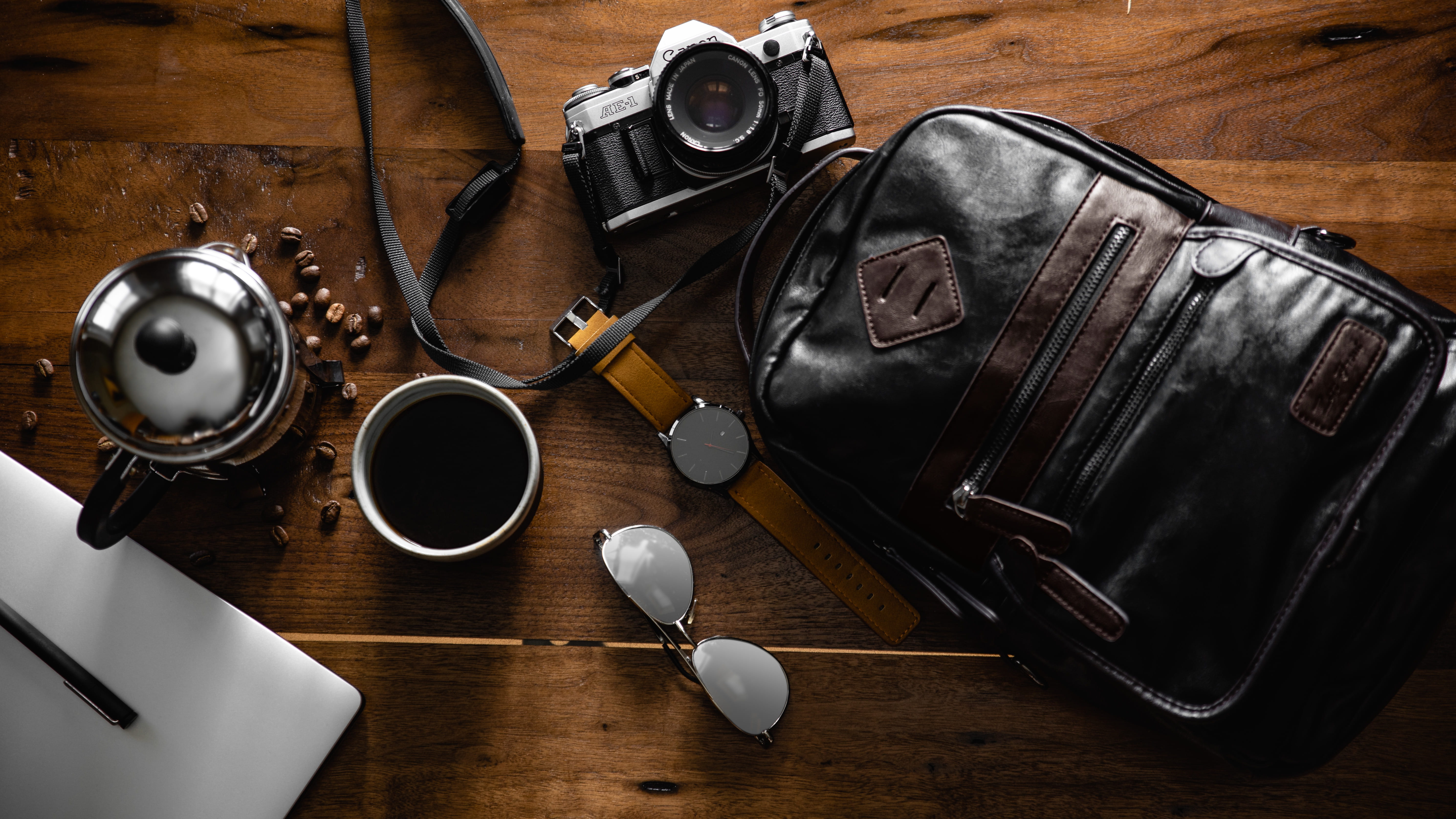 table, sunglasses, no people, wooden, photography themes, camera, coffee, food and drink, still life, directly above, refreshment, coffee beans, black, HD Wallpaper