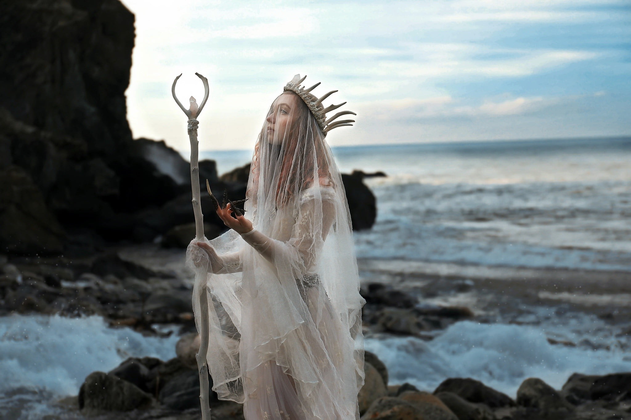 sea, celebration, horizon over water, water, event, land, nature, clothing, fantasy girl, day, sky, focus on foreground, model, outdoors, veil, standing, HD Wallpaper