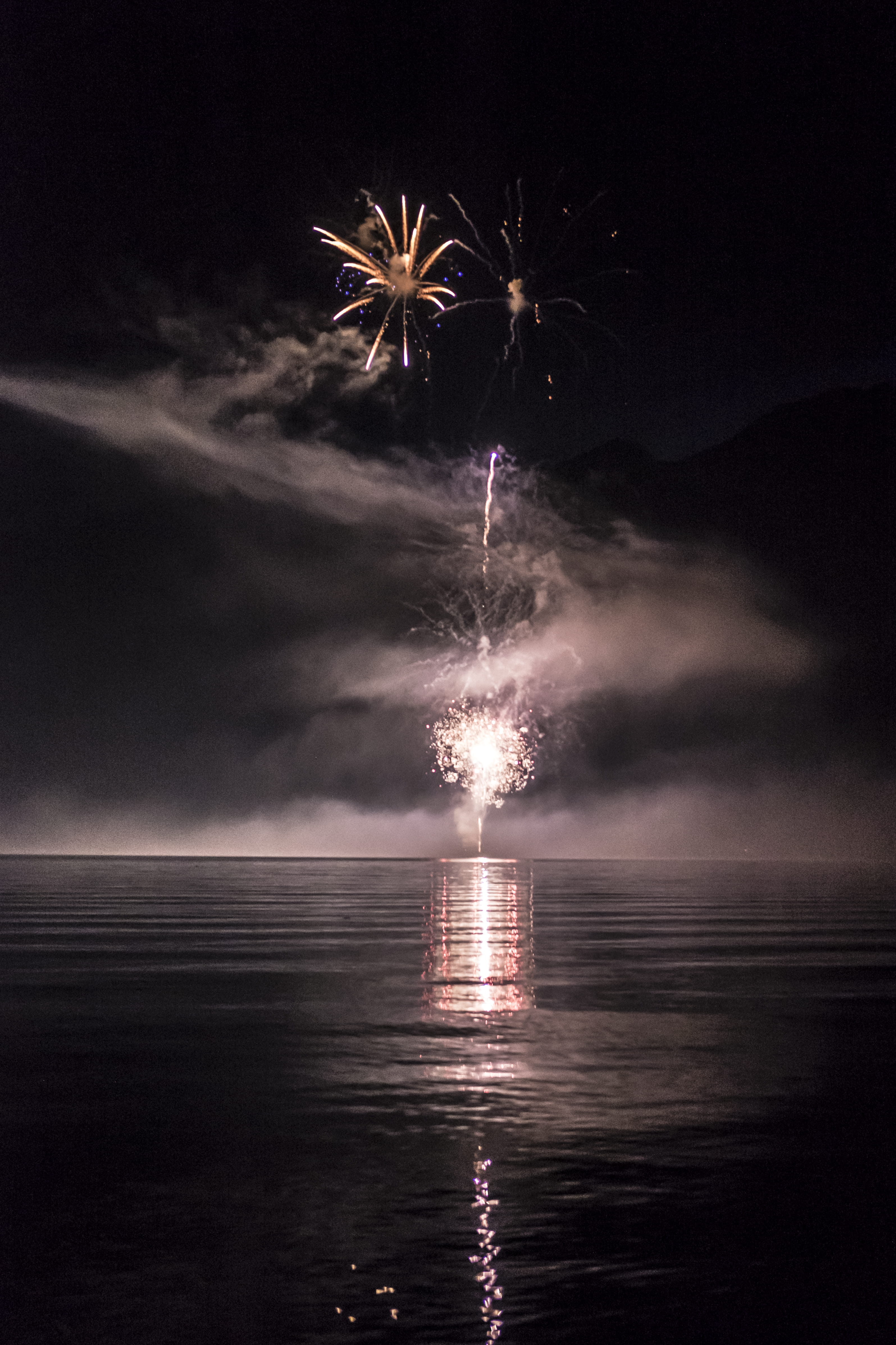 night, mirror water, horizon over water, glowing, swiss, firework - man made object, sky, nationaltag, fire, switzerland, exploding, water, motion, celebrate, Phone HD Wallpaper