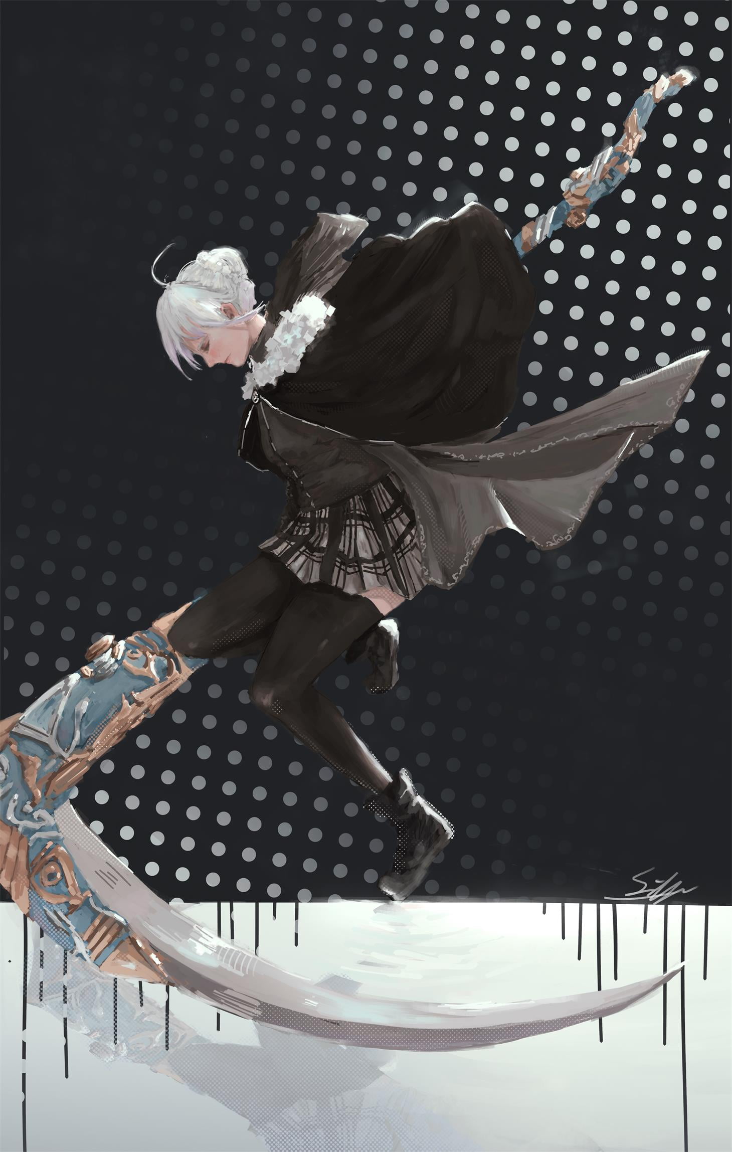white hair, black stockings, fan art, Lord El-Melloi II Sei no Jikenbo: Rail Zeppelin Grace Note, Gray (Lord El-Melloi II Case Files), Fate Series, fantasy weapon, Phone HD Wallpaper