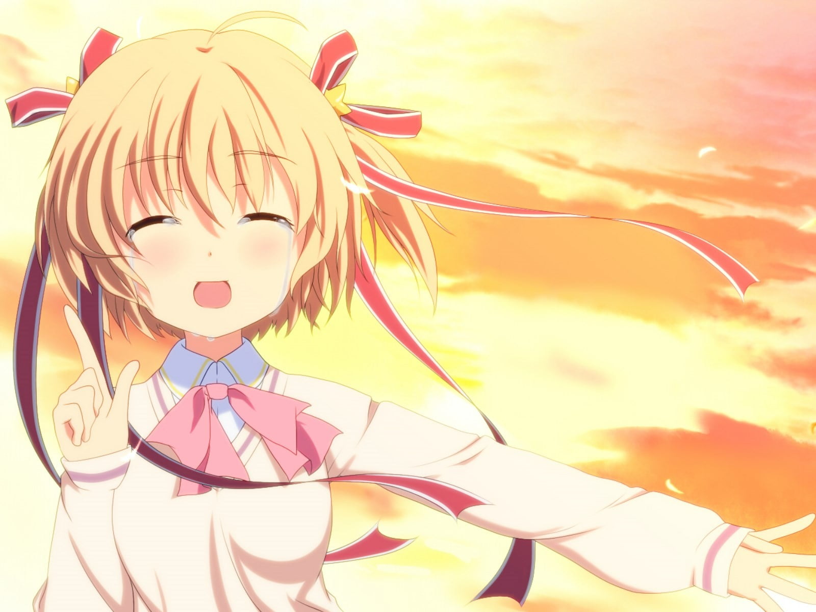 art and craft, anime, human representation, 720P, sunlight, orange color, short hair, closed eyes, crying, close-up, outdoors, day, cloud - sky, nature, HD Wallpaper
