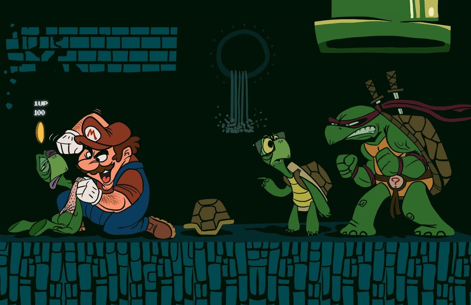 art and craft, night, representation, Teenage Mutant Ninja Turtles, green color, communication, Crossover, illuminated, Mario, cartoon, cute, 720P, computer icon, HD Wallpaper