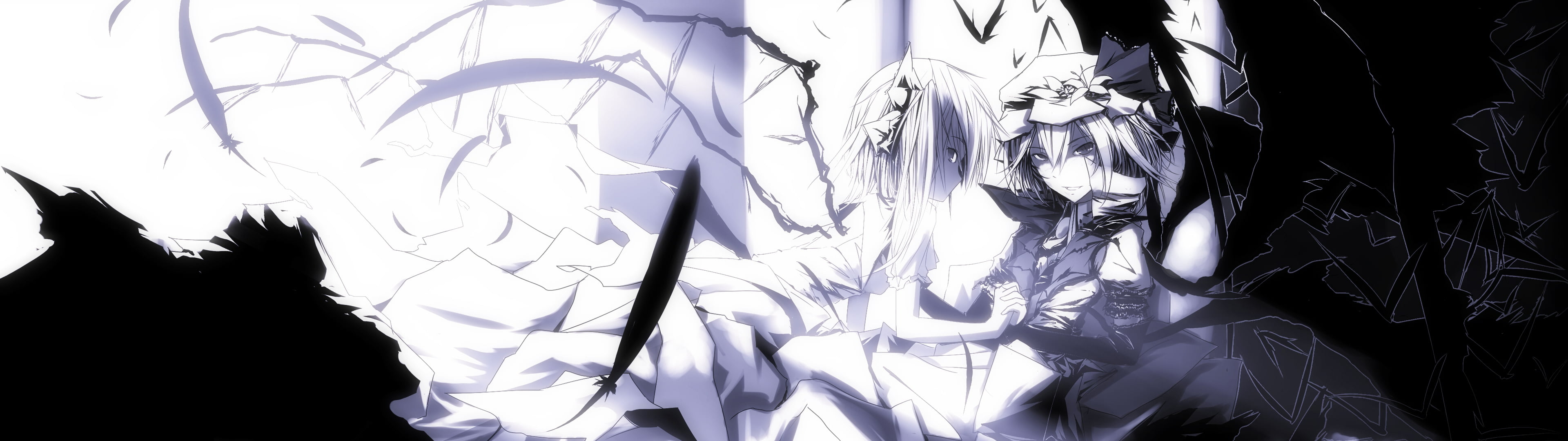 Remilia Scarlet, silver colored, black background, textured, damaged, indoors, 4K, day, white color, sunlight, Flandre Scarlet, textile, no people, nature, HD Wallpaper