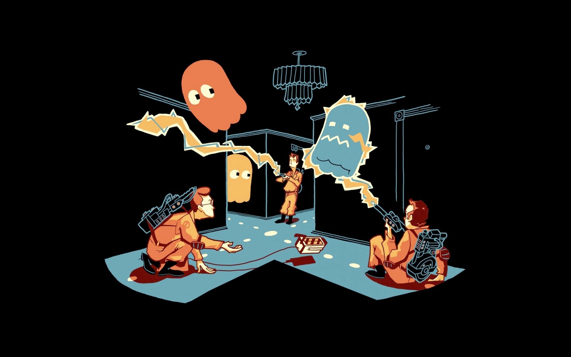 Pac-Man, minimalism, Ghostbusters, 1080P, HD Wallpaper