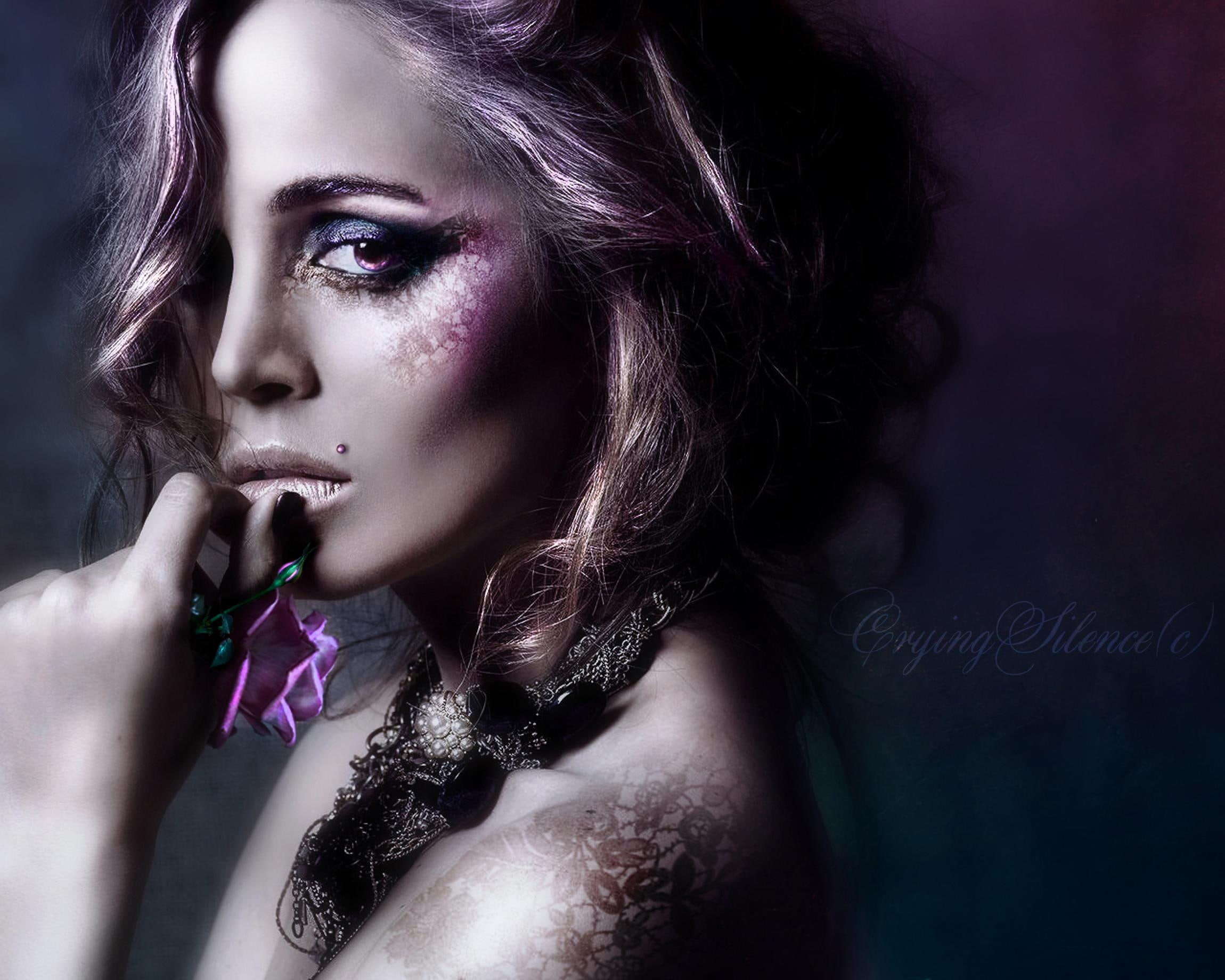 jocelyne, gorgeou, josefinacs, lady, hair, rose, tattoo, girls, digital art, emotional, photomanipulation, 1080P, glanced, HD Wallpaper
