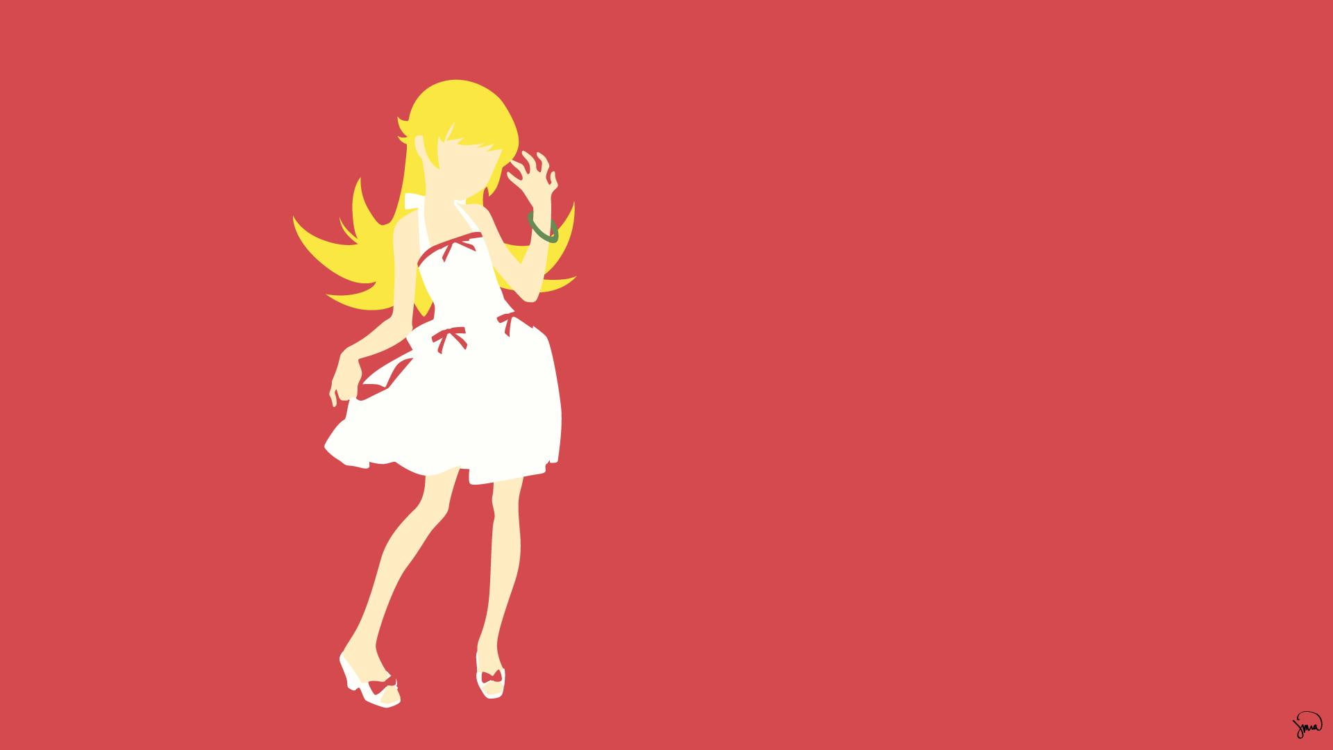 long, series, 1920x1080, dress, girls, oshino shinobu, background, red, red background, long hair, monogatari series, vectors, hair, anime girls, anime, HD Wallpaper