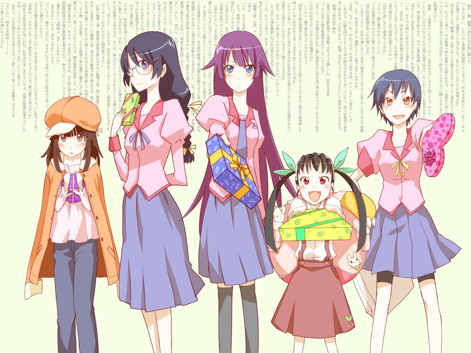 indoors, happiness, clothing, Monogatari Series, 720P, Senjougahara Hitagi, childhood, smiling, child, group of people, togetherness, anime girls, boys, HD Wallpaper