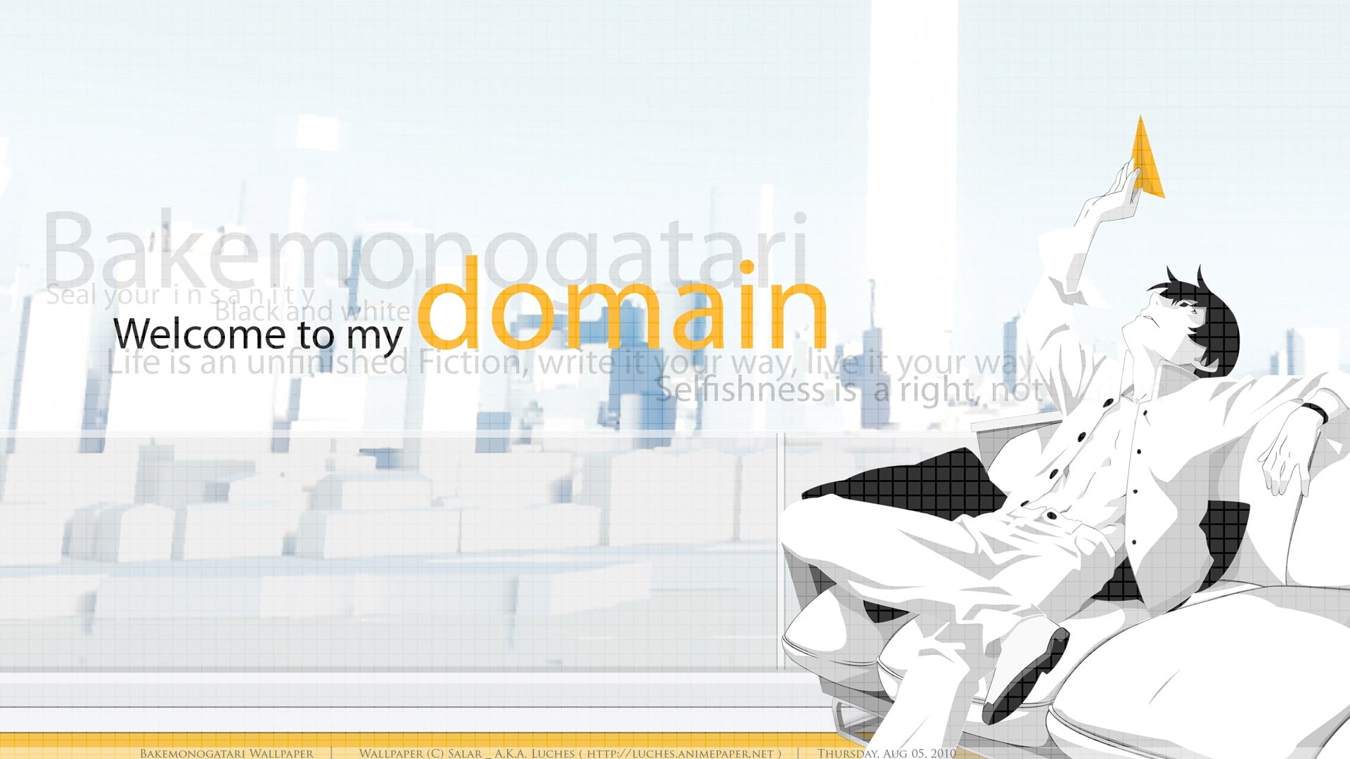 representation, human representation, yellow, communication, Monogatari Series, digital composite, indoors, wall - building feature, people, seat, Araragi Koyomi, HD Wallpaper
