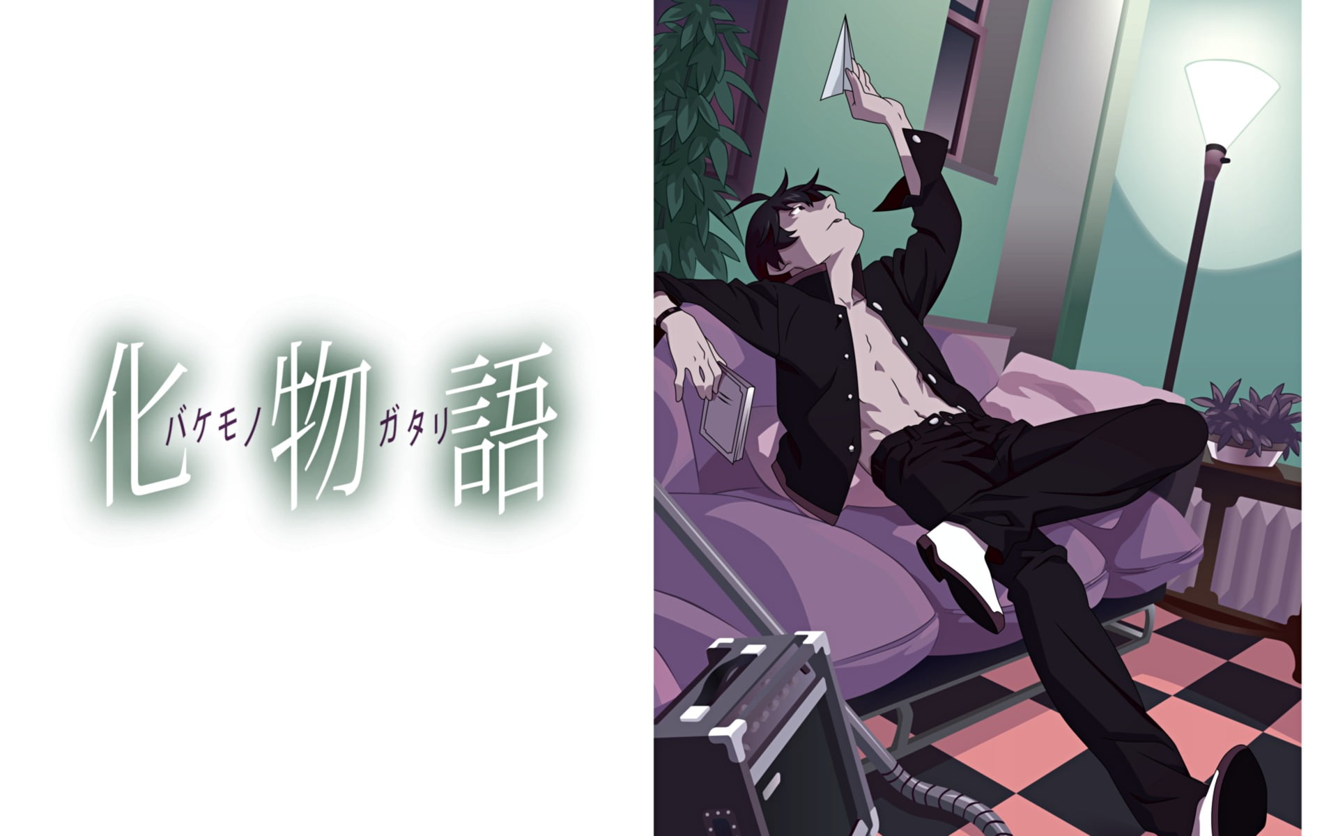 home interior, Araragi Koyomi, text, anime, representation, human representation, creativity, western script, nature, male, haired, Monogatari Series, art and craft, HD Wallpaper