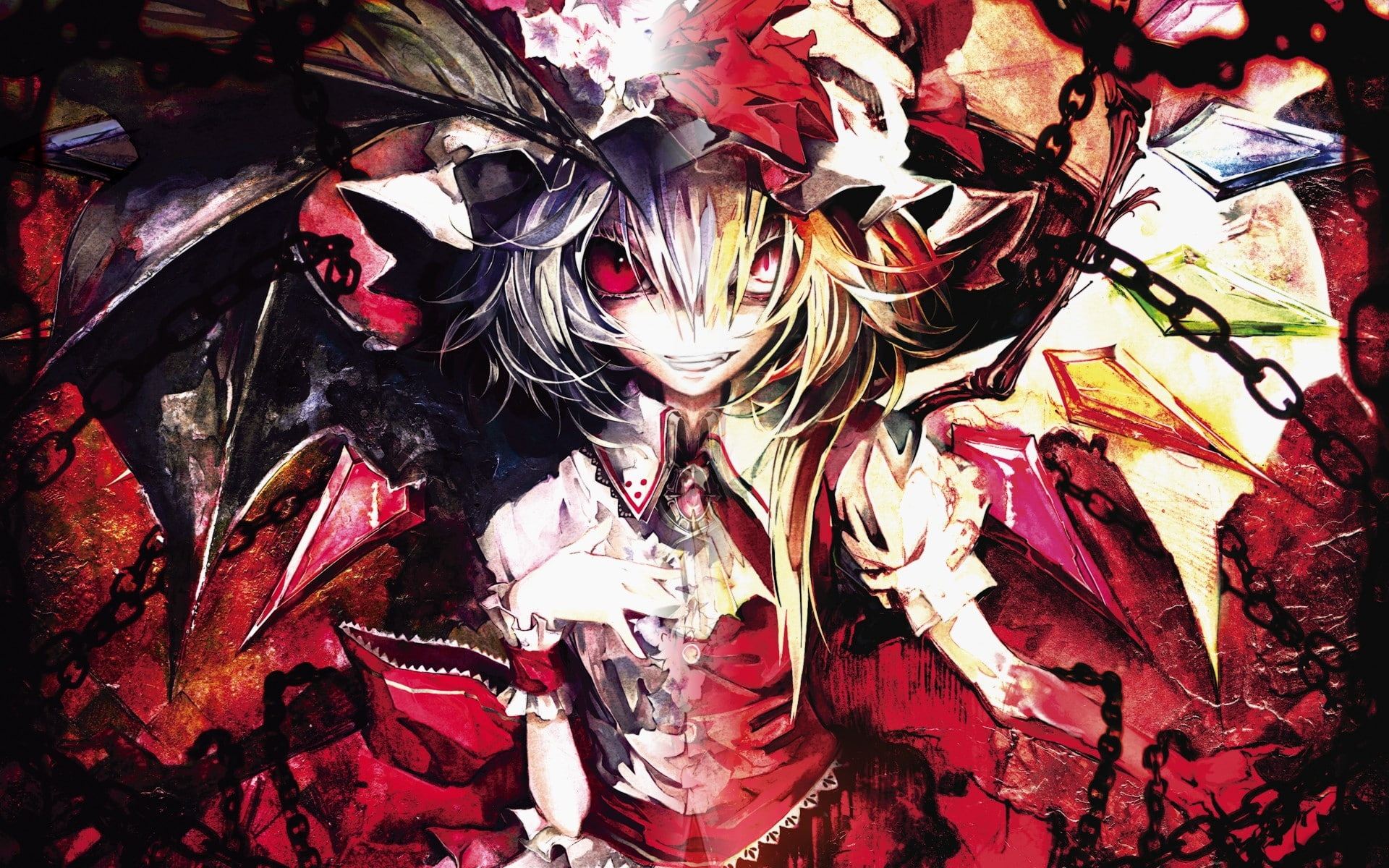 Touhou, remilia, flandre, 1080P, art, red, blondes, scarlet, orange, wings, g, eyes, anime, akira, hair, ribbons, hd, HD Wallpaper