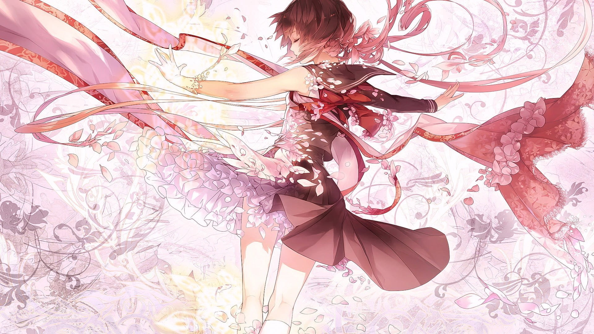 full frame, Mahou Shoujo Taisen, anime girls, indoors, school uniform, textile, flowering plant, beauty in nature, pattern, floral pattern, fantasy girl, HD Wallpaper