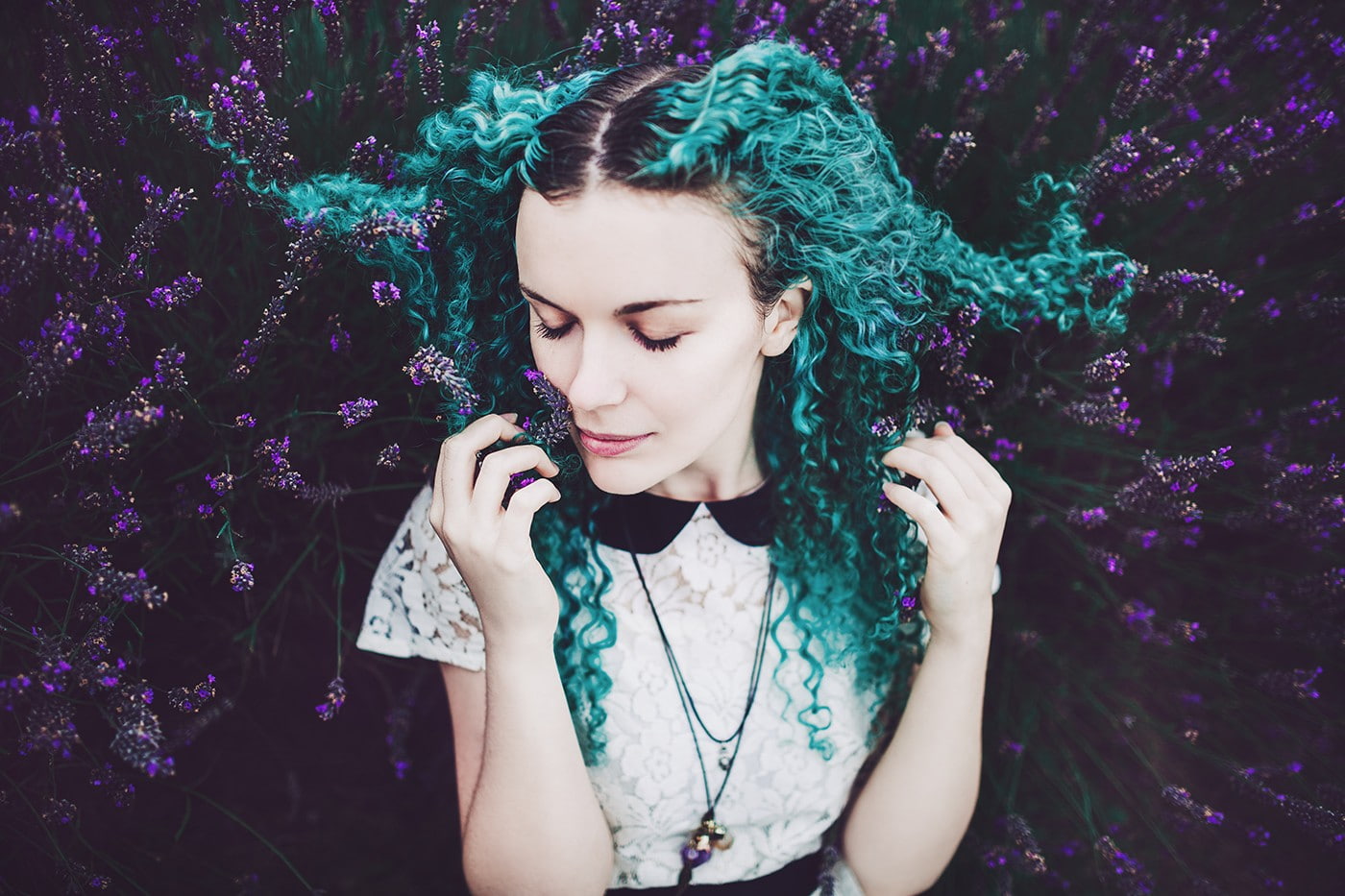 women outdoors, one person, eyes closed, plant, young women, beautiful woman, closed eyes, hair, Savannah Daras, adult, flower, young adult, blue hair, HD Wallpaper