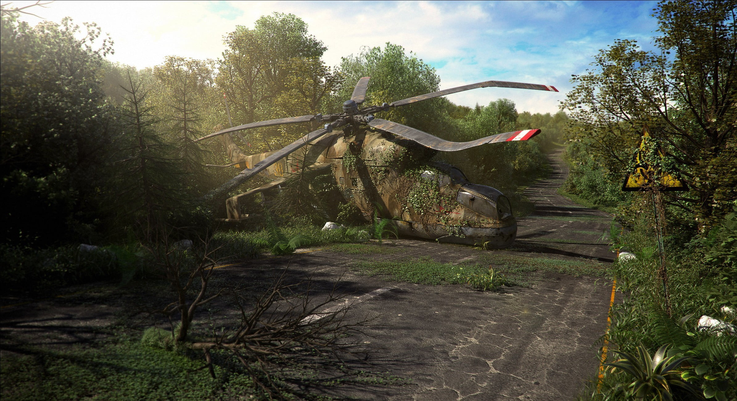 mi-24, beauty in nature, graphic, tree, helicopter, 1080P, outdoors, no people, gray, growth, tranquility, direction, water, thickets, cloud - sky, crashed, HD Wallpaper