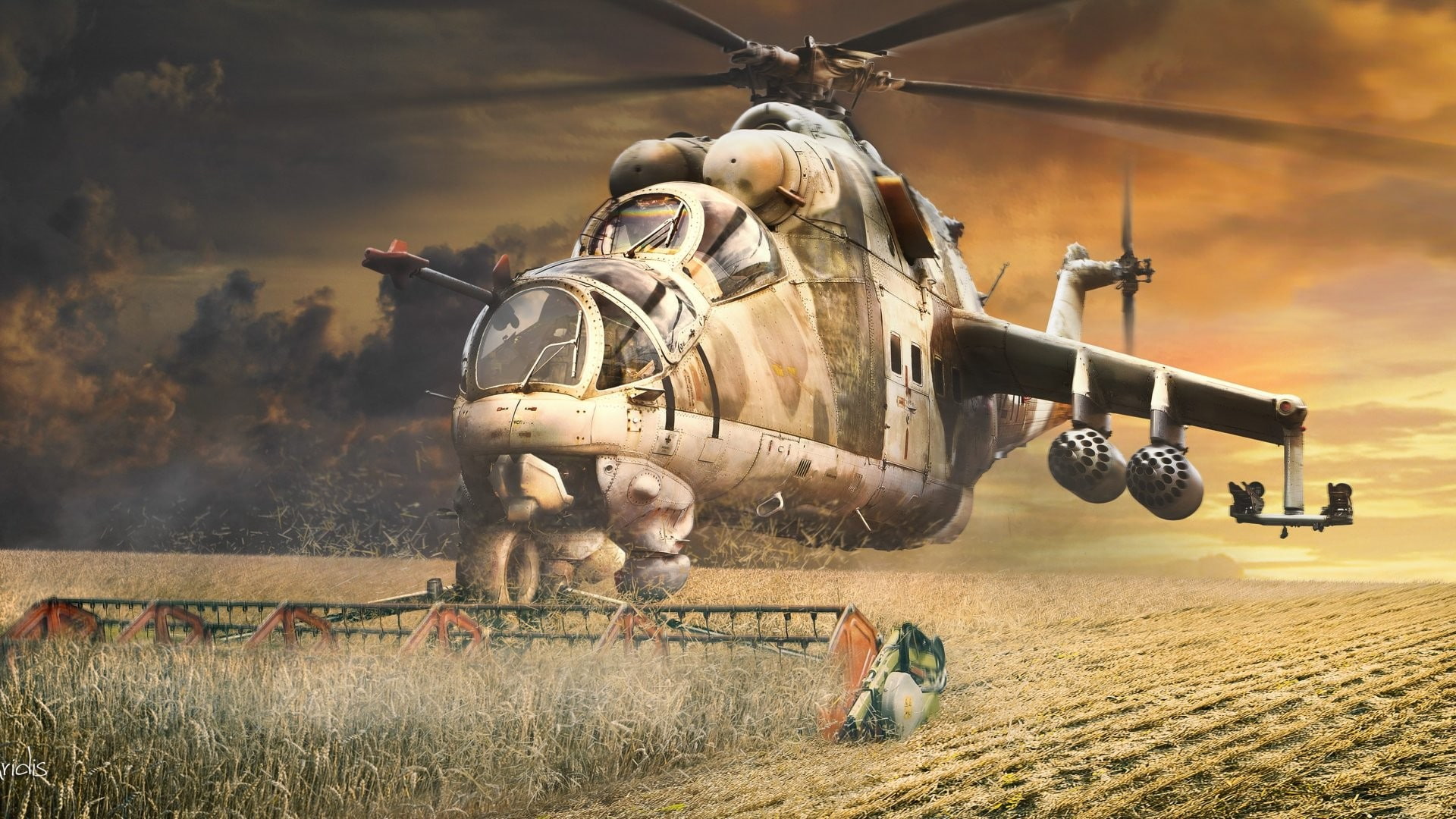 artwork, 1080P, helicopters, Vertical take-off harvester, humor, Mil Mi-24, HD Wallpaper