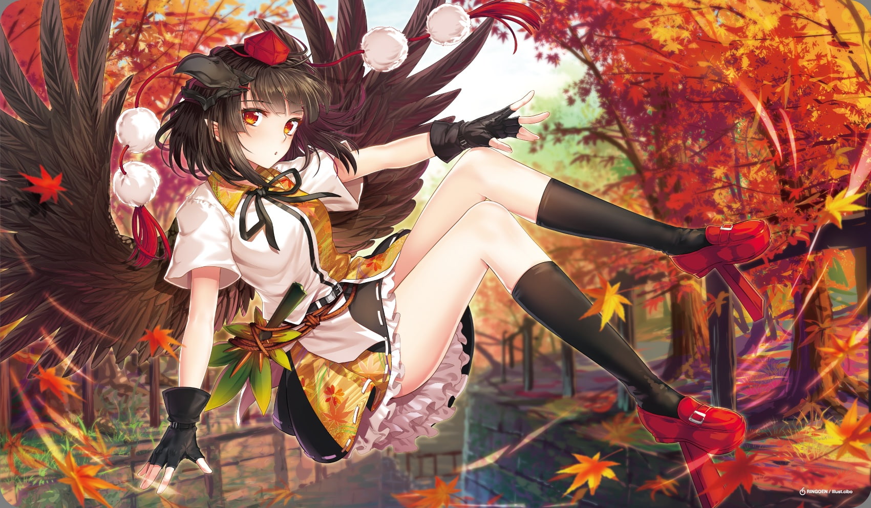 watermark, 256833, touhou, hair, orange, aliasing, skirt, cibo, black, kneehighs, short, ribbons, gloves, autumn, pointed, tree, wings, com, leaves, konachan, HD Wallpaper
