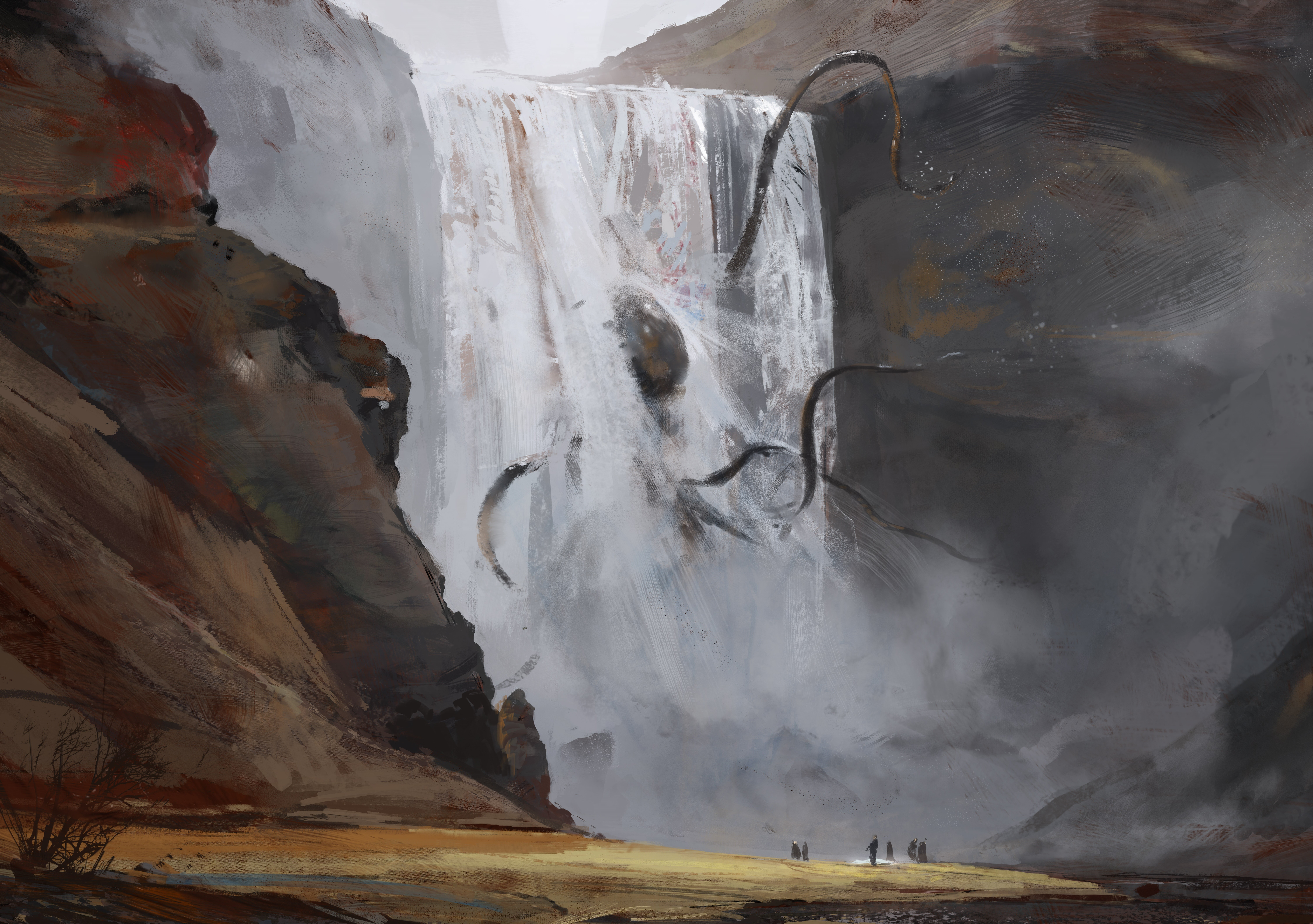 beauty in nature, painting, outdoors, geology, fantasy art, environment, scenics - nature, tranquil scene, mountains, 8K, waterfall, rock, octopus, no people, HD Wallpaper