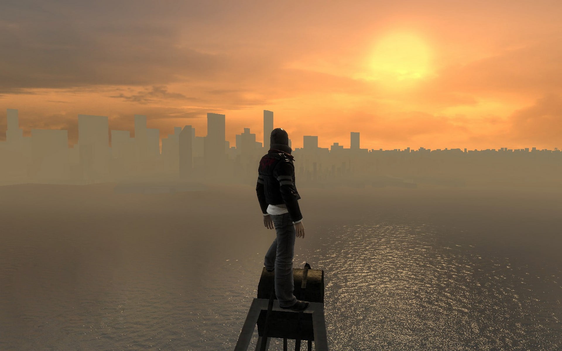 one person, lake, cloud - sky, screen shot, city, office building exterior, nature, leisure activity, orange color, building exterior, jacket, standing, HD Wallpaper