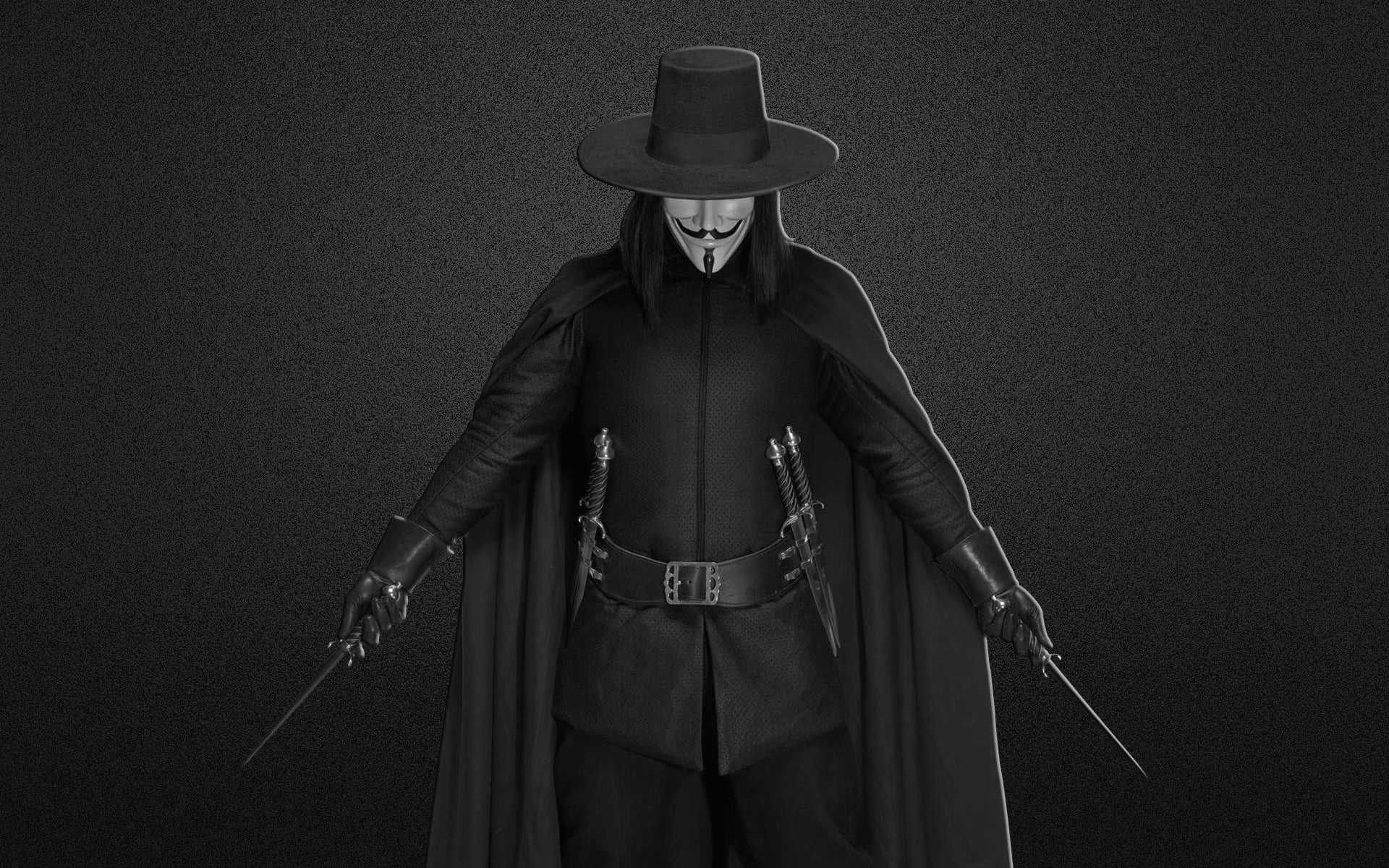 indoors, black Color, one Person, man, holding, spooky, gun, people, hat, weapon, dark, V for Vendetta, music, black And White, mask, adult, cowboy, 1080P, HD Wallpaper