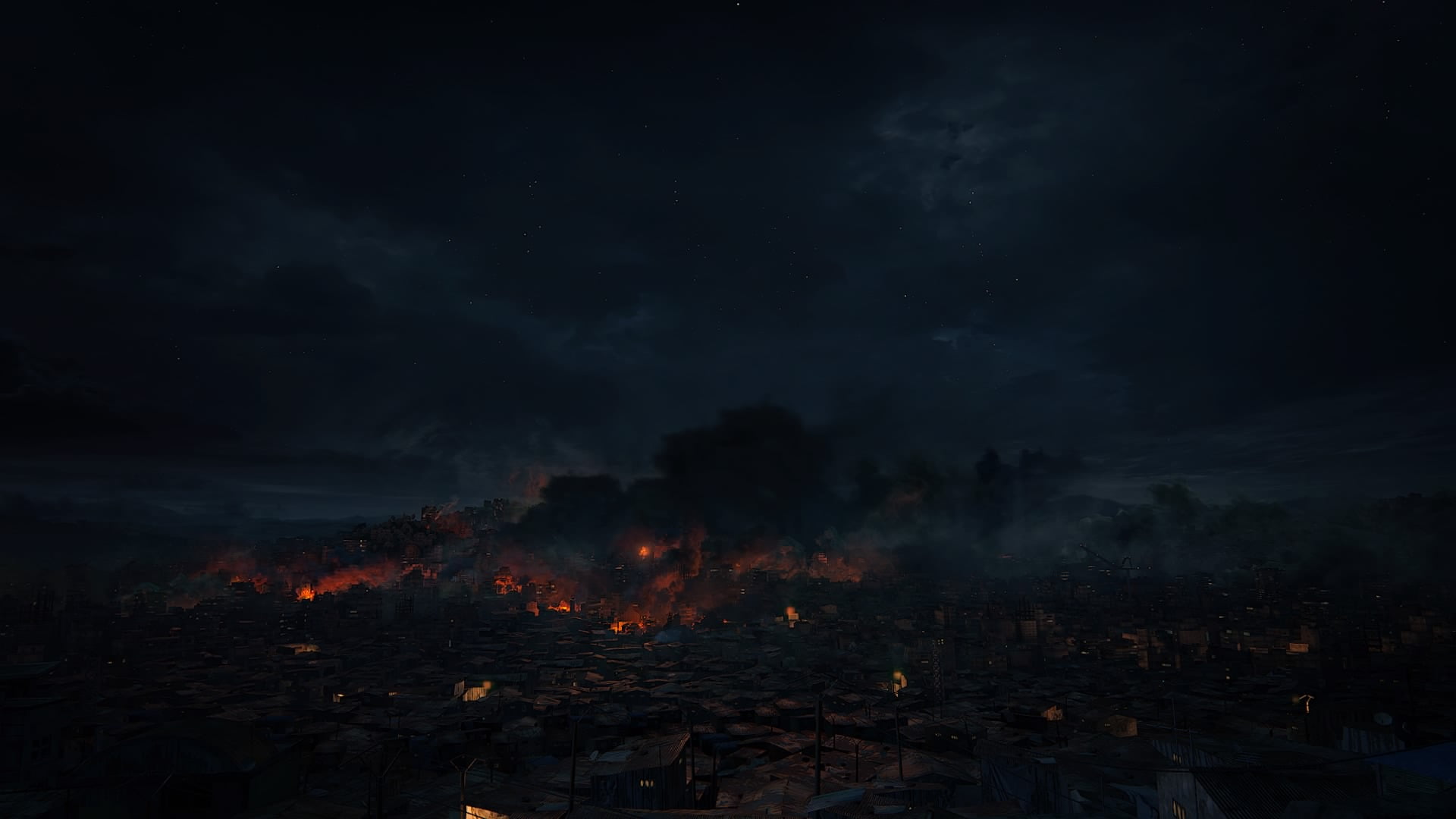 building, uncharted , illuminated, architecture, Uncharted : The Lost Legacy, cloud - sky, burning, outdoors, building exterior, night, no people, war, HD Wallpaper