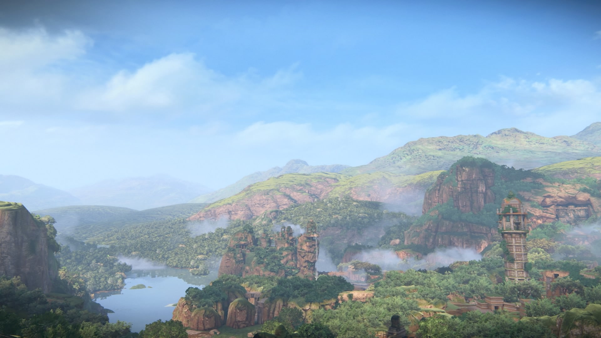 beauty in nature, sky, idyllic, landscape, land, tranquility, tranquil scene, green, mountain range, water, mountain, Uncharted: The Lost Legacy, tree, HD Wallpaper