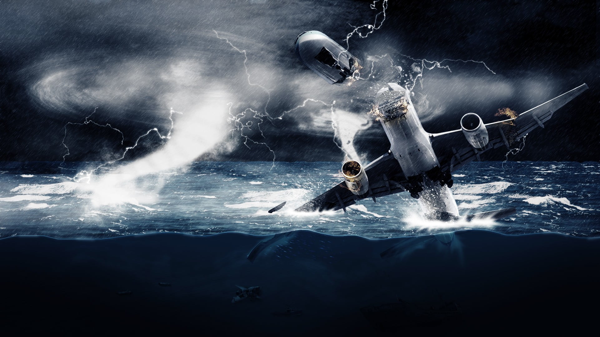 underwater, outdoors, lifestyles, skill, sea, waterfront, swimming, body, nature, men, full length, crashed, day, sport, airplane, storm, motion, HD Wallpaper