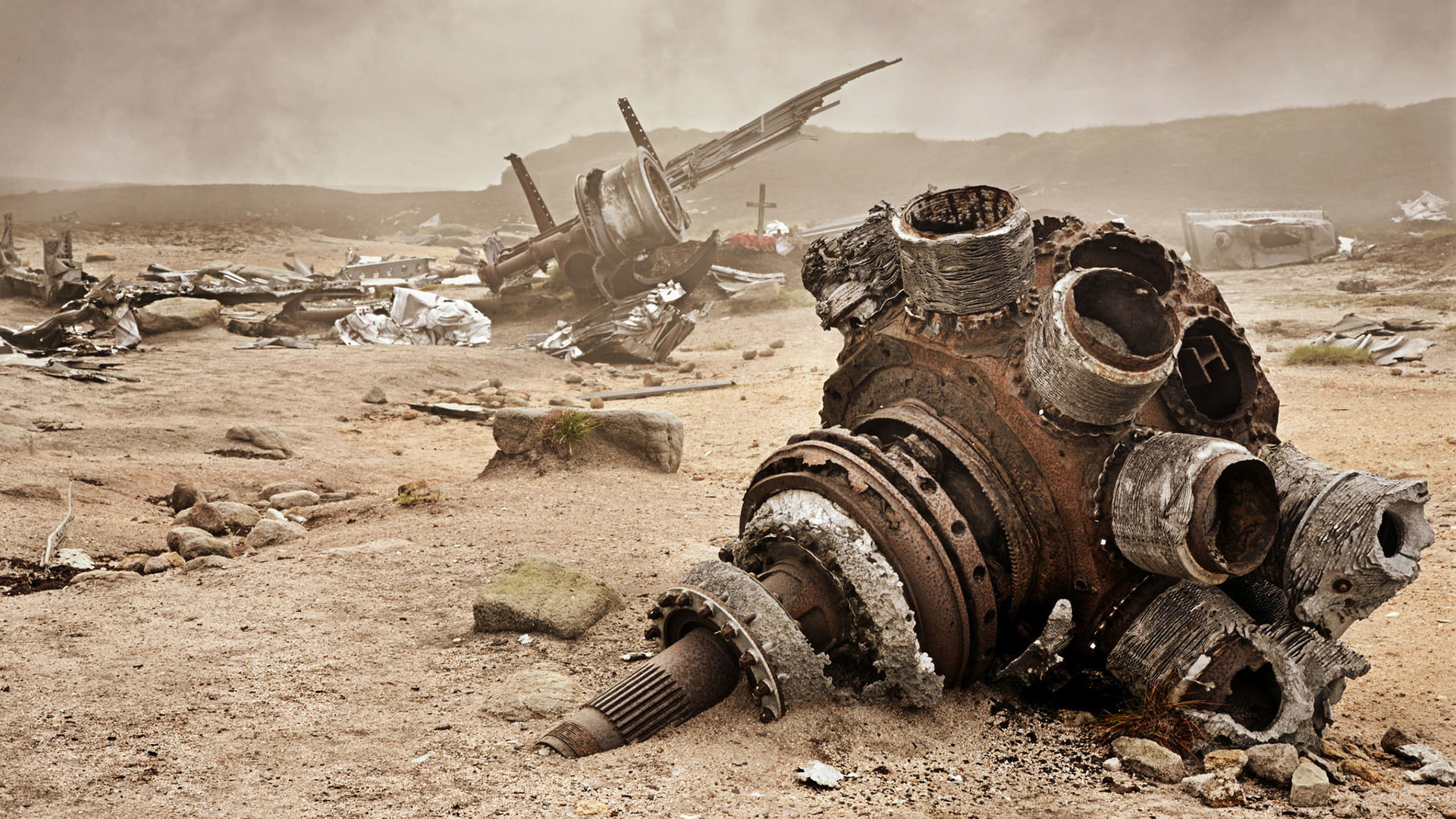 landscape, wheel, 1080P, rusty, engine, water, dirt, obsolete, deterioration, damaged, military, pollution, airplane, abandoned, day, outdoors, history, HD Wallpaper
