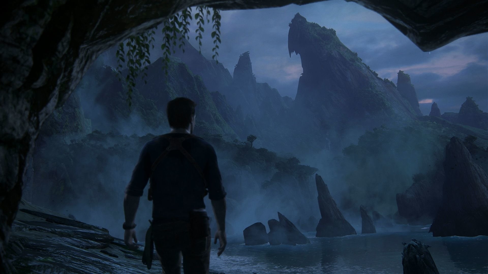 beauty in nature, nature, looking at view, Nathan Drake, sea, scenics - nature, sky, rock - object, rear view, Uncharted 4: A Thiefs End, solid, waterfall, HD Wallpaper
