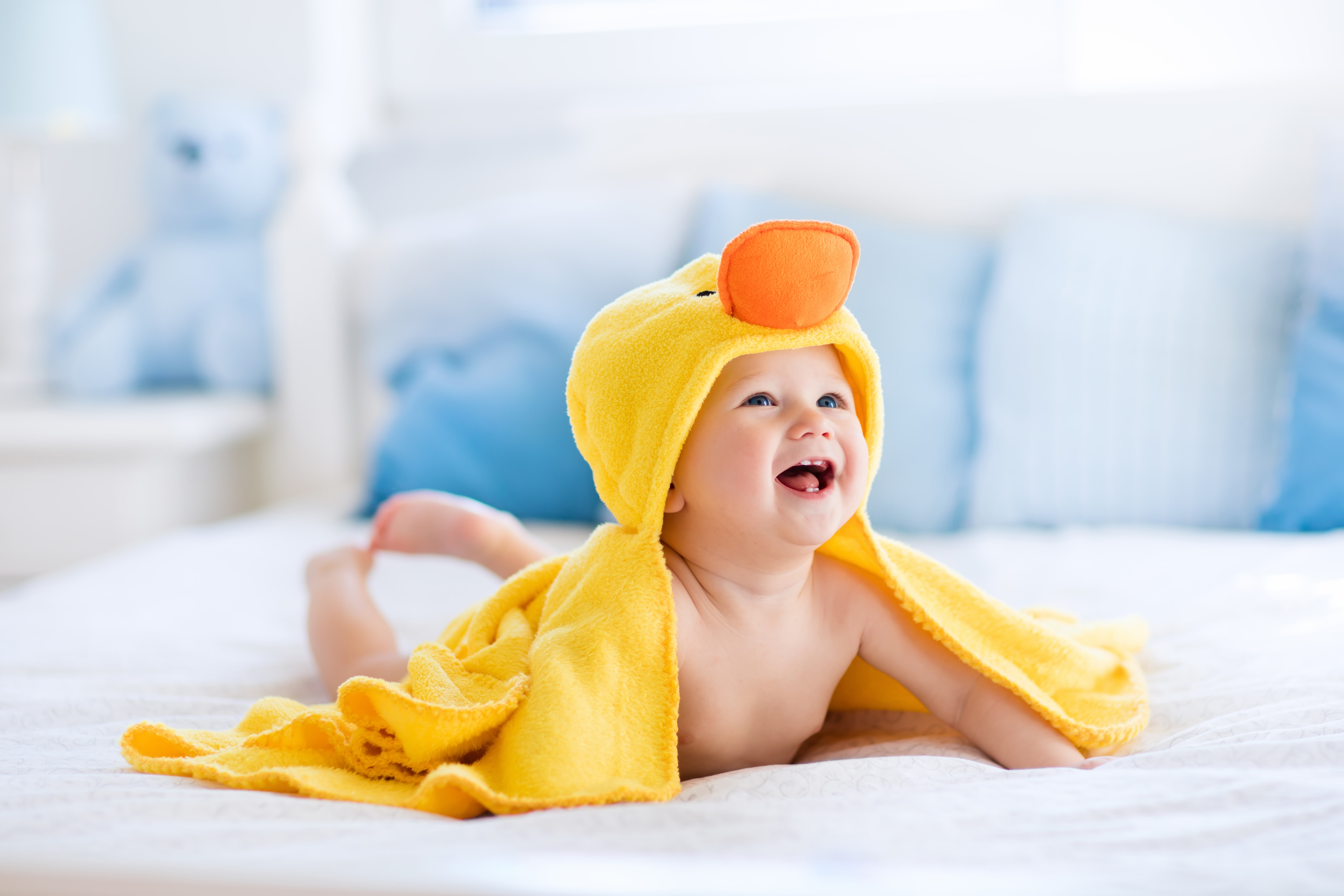 Yellow, After bath, Duck towel, 8K, 4K, 8K, Laugh, Cute baby, HD Wallpaper