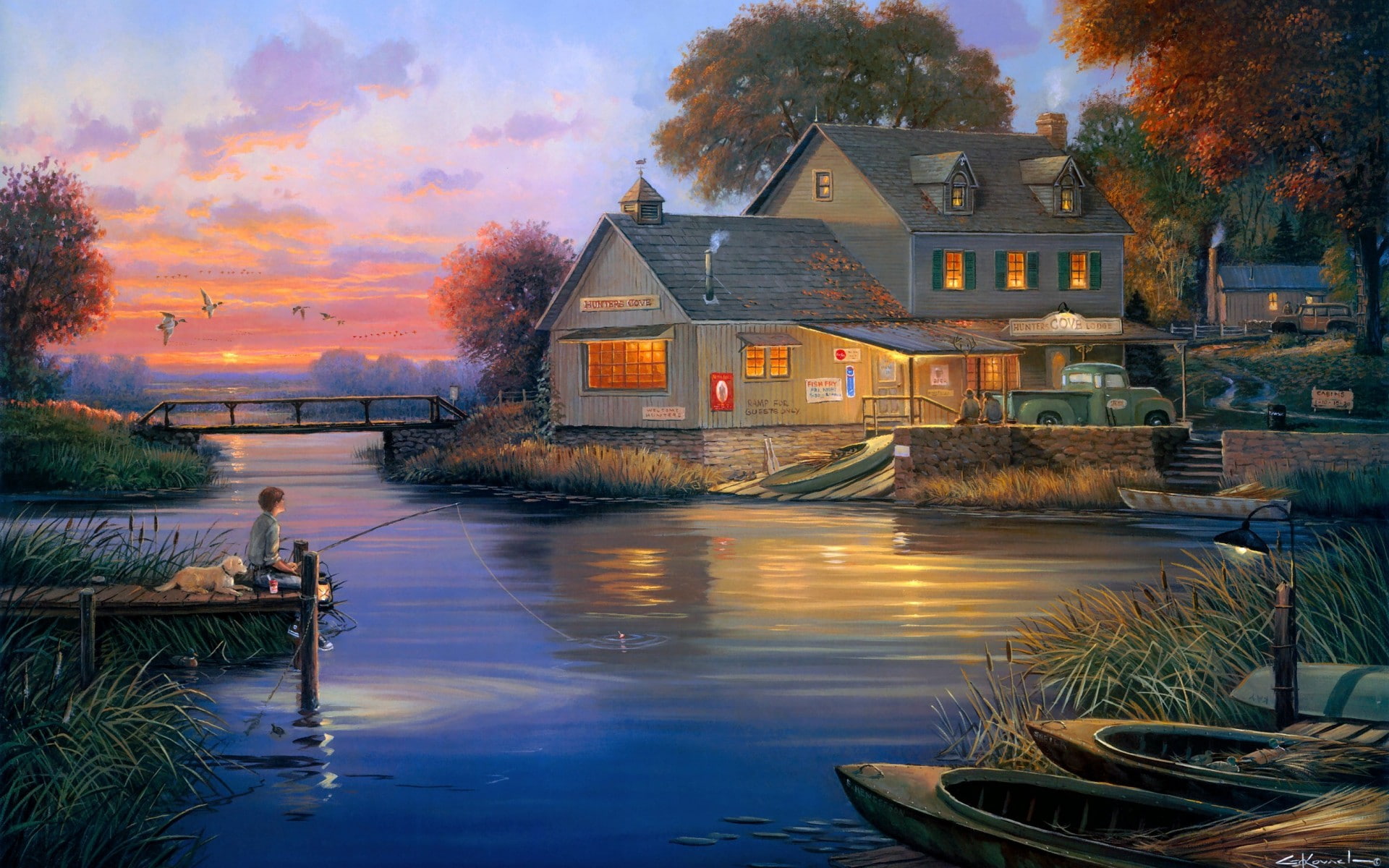 lakes, dog, sunset, ducks, 1080P, house, art, Hunters, George, fisherman, autumn, painting, Harbor, Kovach, sky, boat, Cove, Evening, bridge, Lodge, HD Wallpaper