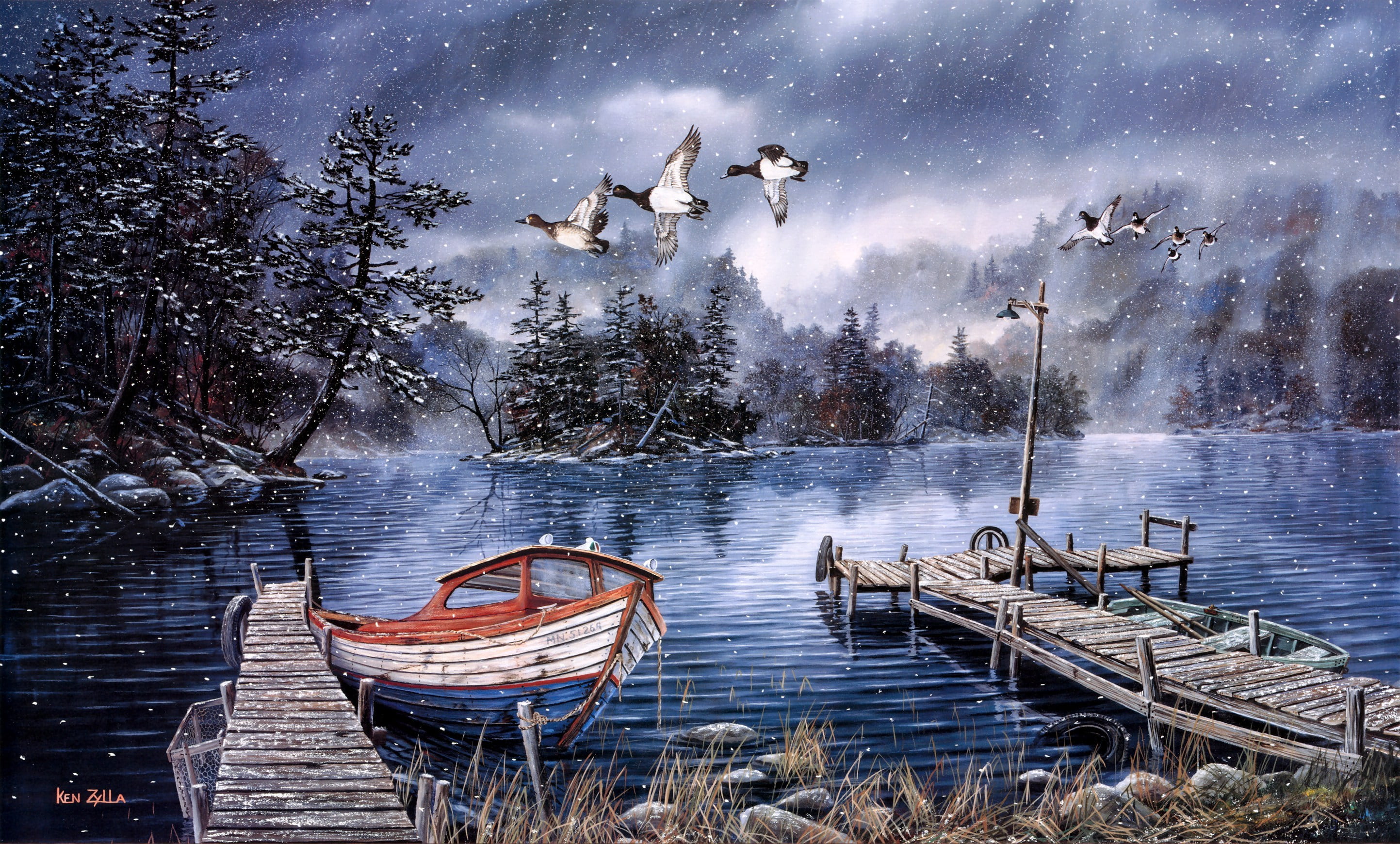 dock, brown, wooden, 2K, animal themes, snow, flying, landscape, non-Urban Scene, sky, Lake of the Woods, fishing, scenics - nature, no People, woodland, HD Wallpaper