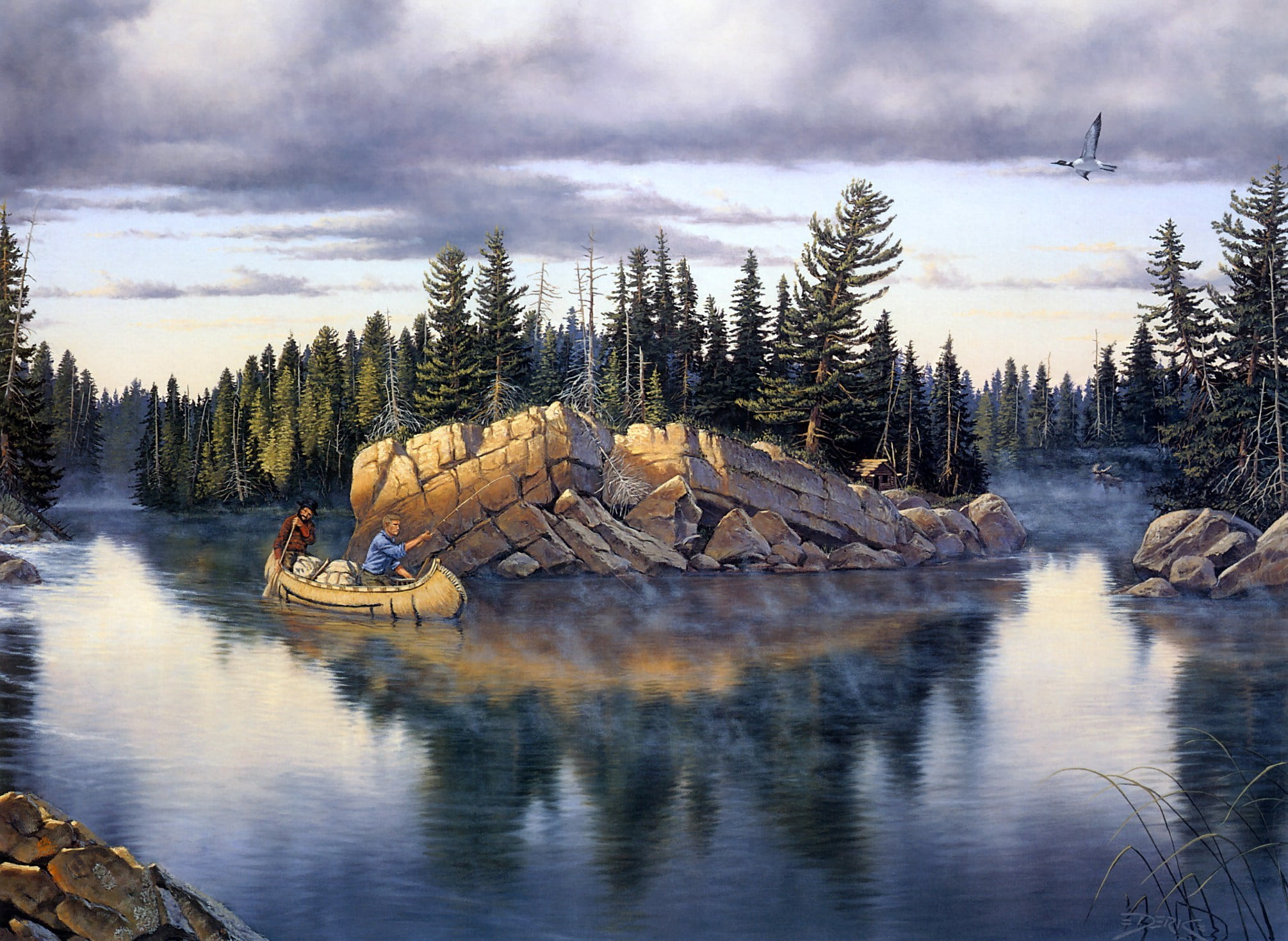 1080P, riding, nature, painting, scenics - nature, two, boat, Derk Hansen, river, men, reflection, stones, tranquil scene, lake, fishermen, nautical vessel, HD Wallpaper