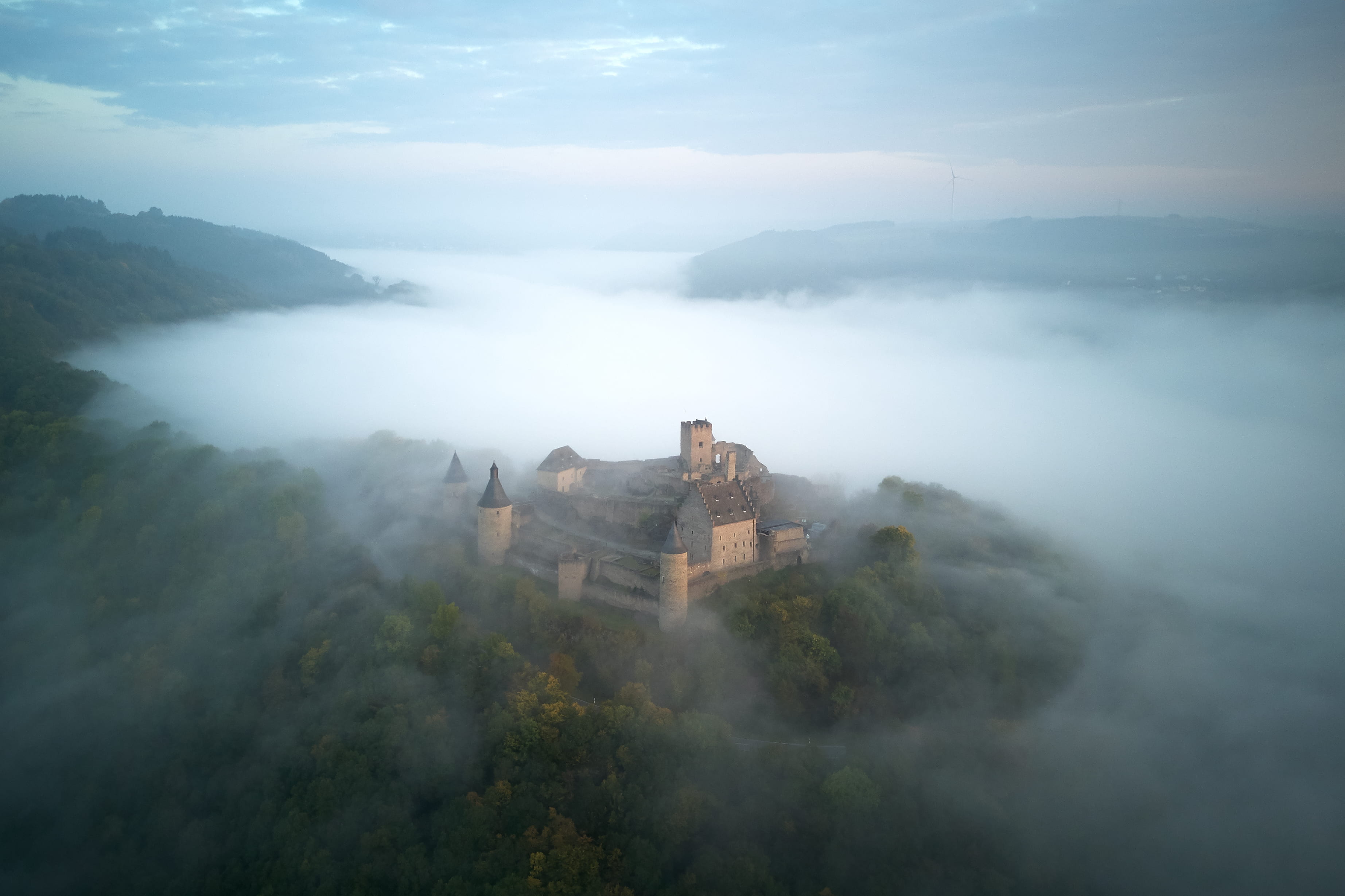 fall, fort, cloud - sky, no people, tranquil scene, cloud inversion, green, travel destinations, fog, morning, hill, medieval, built structure, blue, surrounded, HD Wallpaper