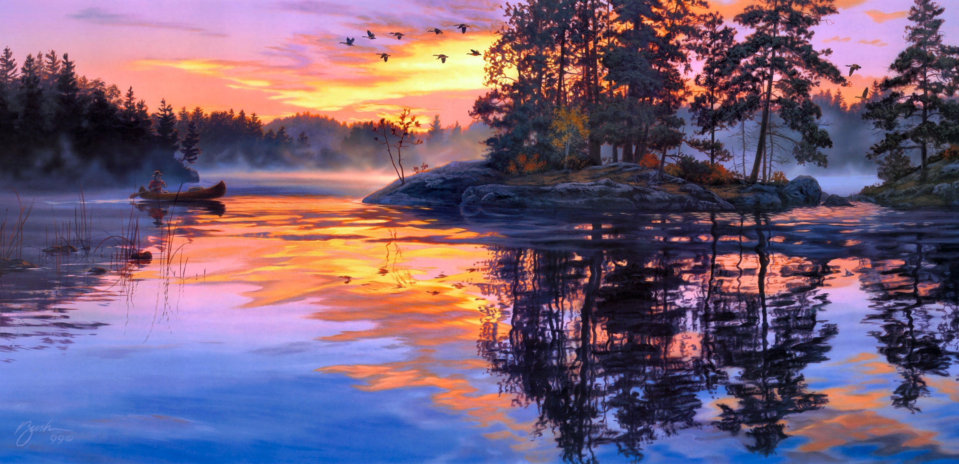 sun, sky, yellow, orange Color, leaf, color Image, painting, scenics, tree, summer, Lure of the Wilderness, outdoors, nature, autumn, forest, dawn, water, HD Wallpaper