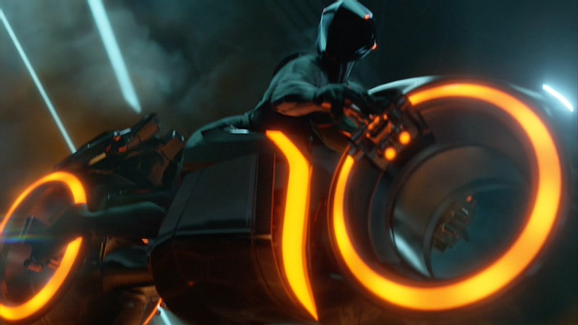 Tron: Legacy, one person, black background, motion, occupation, music, night, 1080P, close-up, illuminated, activity, studio shot, motorcycle, human body part, HD Wallpaper