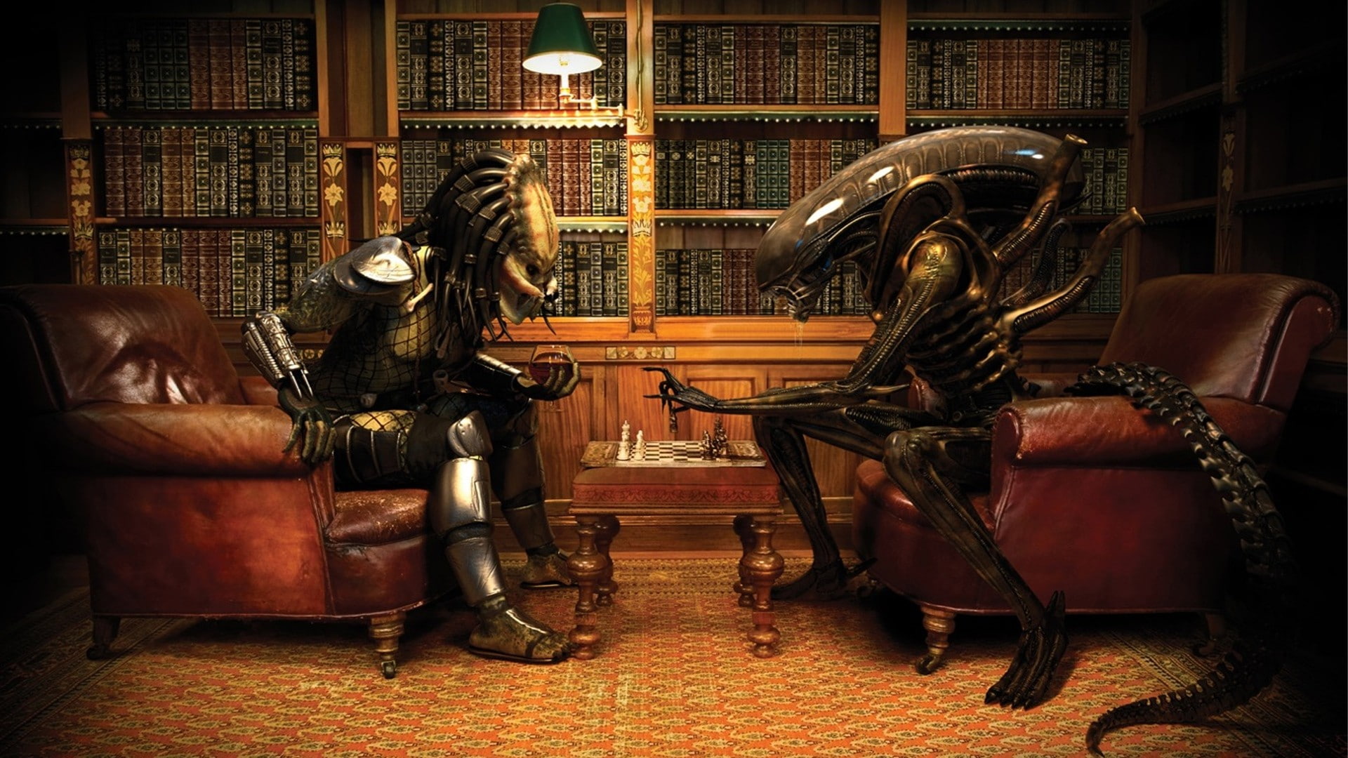 Aliens (movie), books, Xenomorph, chess, 1080P, Alien vs. Predator, Predator (movie), wine, HD Wallpaper