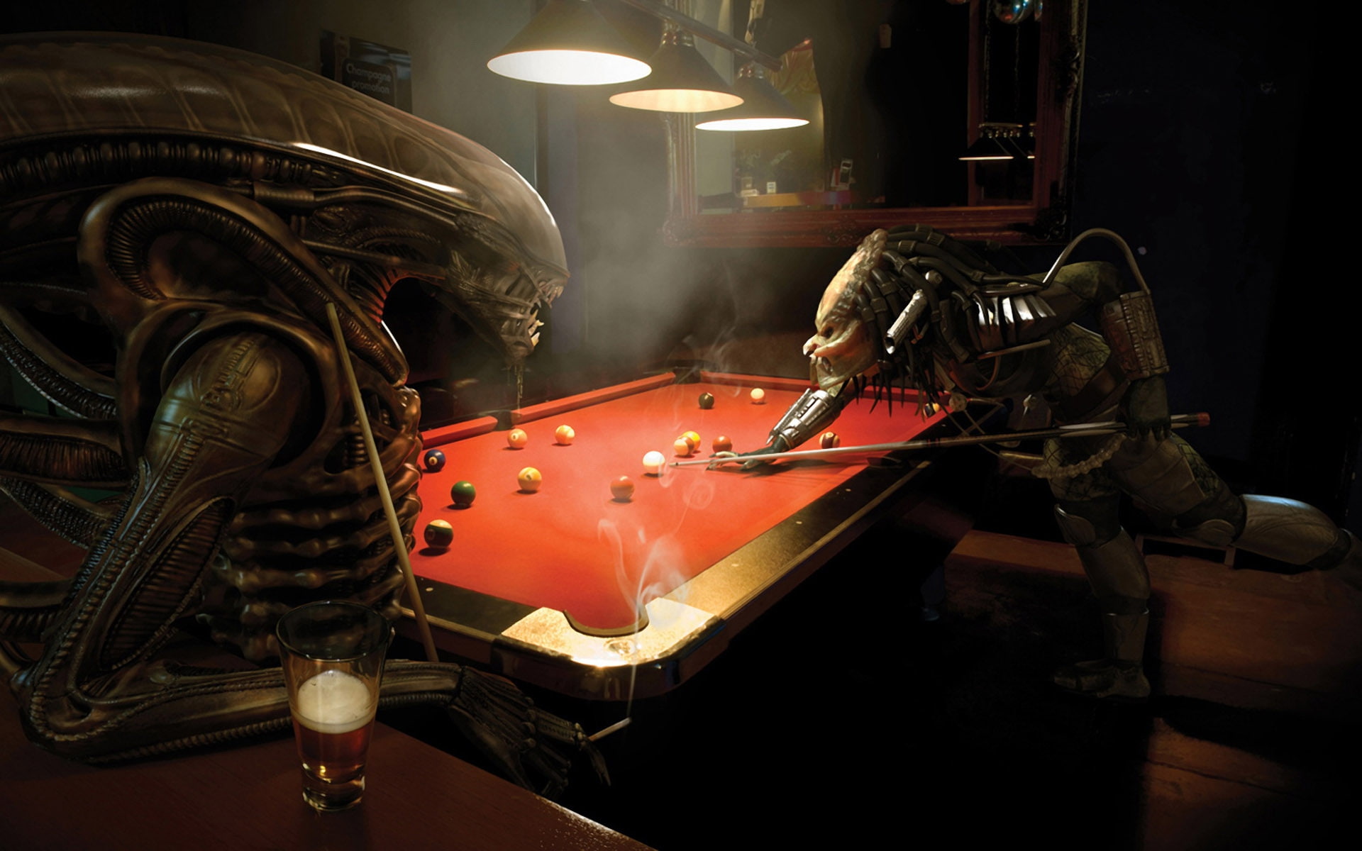Predator, entertainment, aliens, x, tables, 1080P, movie, bar, movies, billiards, vs, hd, art, alien, HD Wallpaper