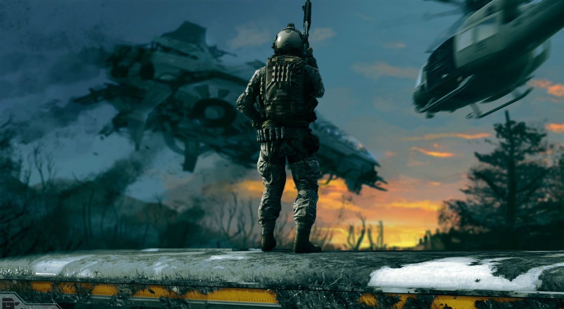 helicopter, military, art and craft, water, human representation, male likeness, alien, battleship, tree, day, Games, creativity, outdoors, war, attack, HD Wallpaper