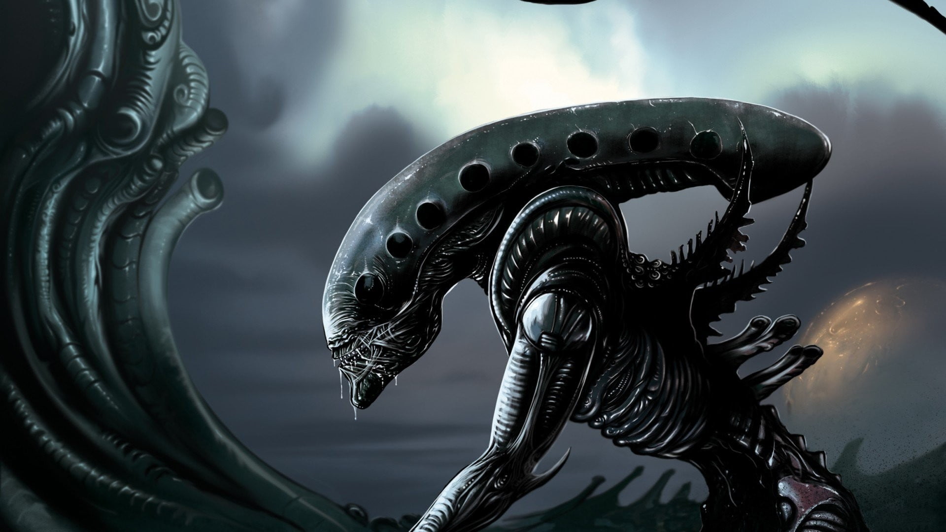 metal, alien, 1080P, design, cloud - sky, representation, sculpture, animal representation, nature, low angle view, pattern, steel, outdoors, HD Wallpaper