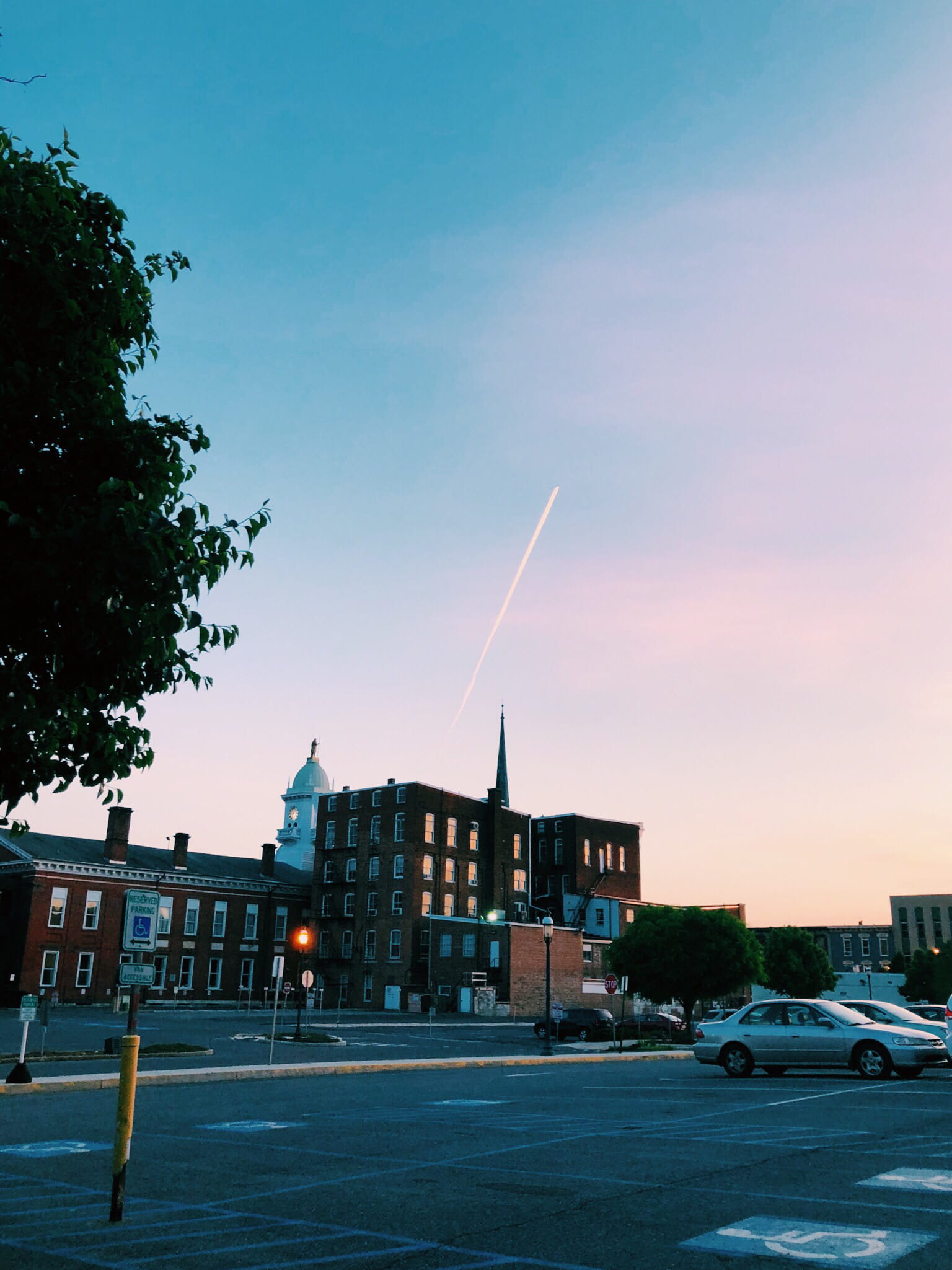 nature, color, parking lot, car, mitchell bowser, united states, church, buildings, built structure, sunset, city, trail, vapor trail, sky, spire, apple, Phone HD Wallpaper