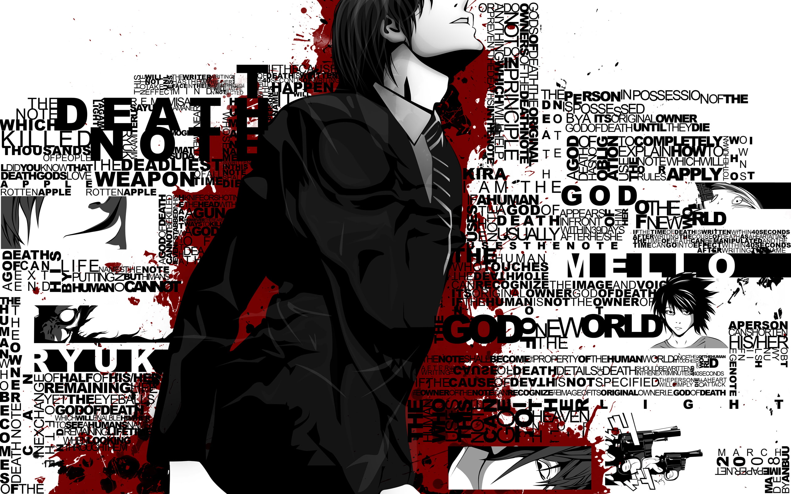 light, death, gun, 2K, ryuk, weapon, yagami, note, blood, polychromatic, HD Wallpaper