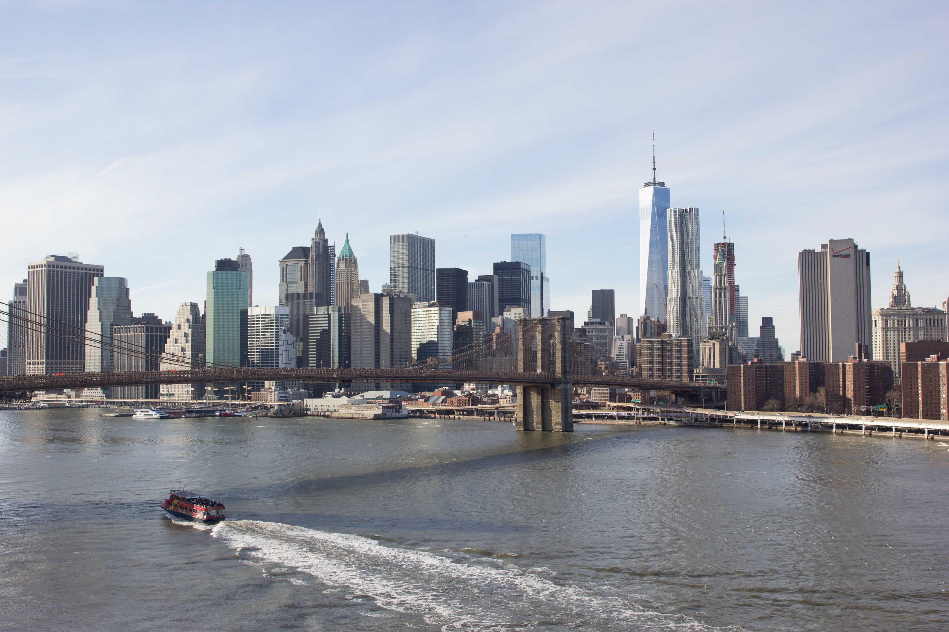 york, usa, outdoors, river, trade, building exterior, skyscraper, building, bridge, brooklyn, shipping, vessel, tower, urban, cityscape, landscape, sea, HD Wallpaper