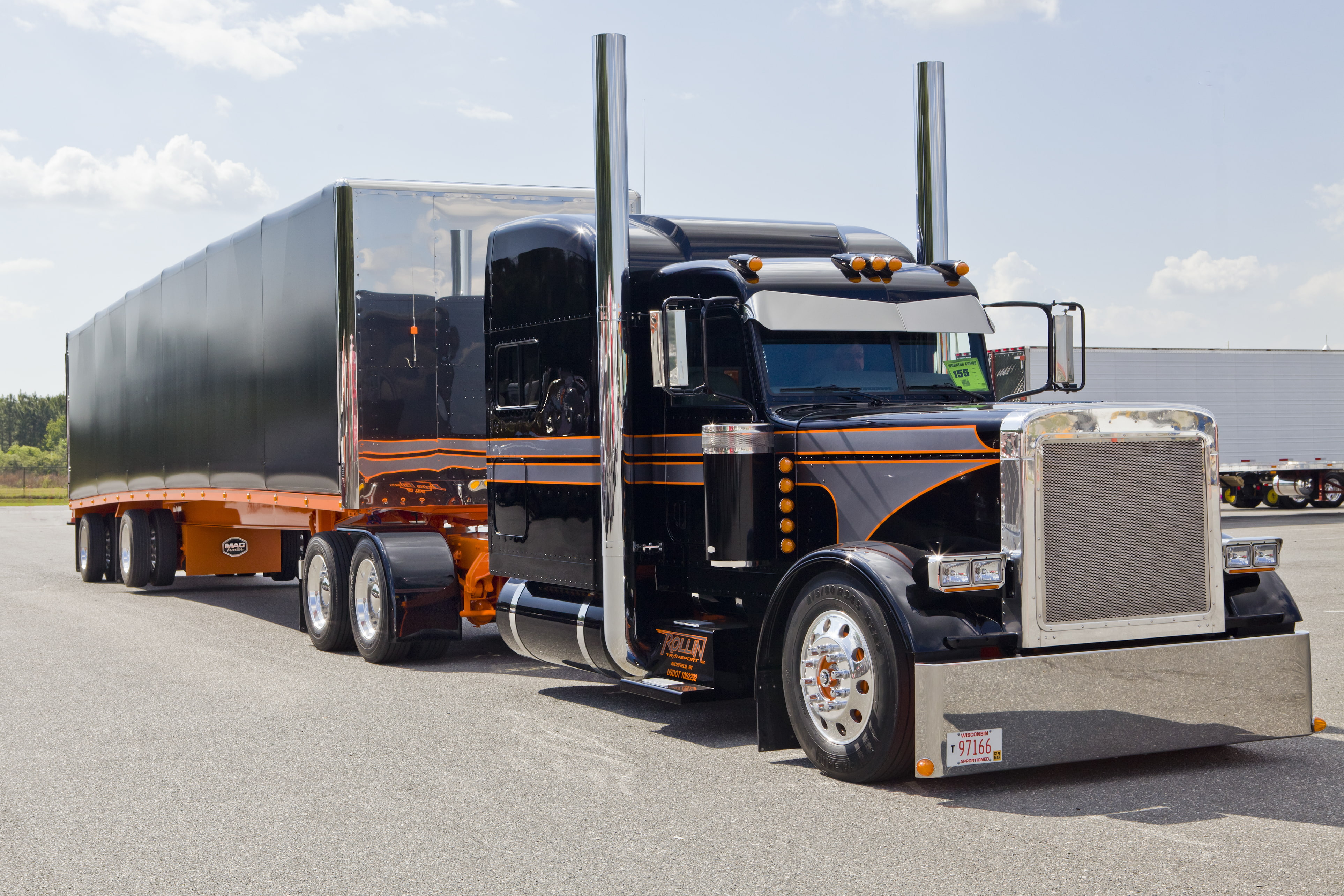 industry, business, wheel, day, trailer, k, truck, outdoors, cloud - sky, transportation, no people, trucking, sunlight, truc, sky, land vehicle, black, HD Wallpaper