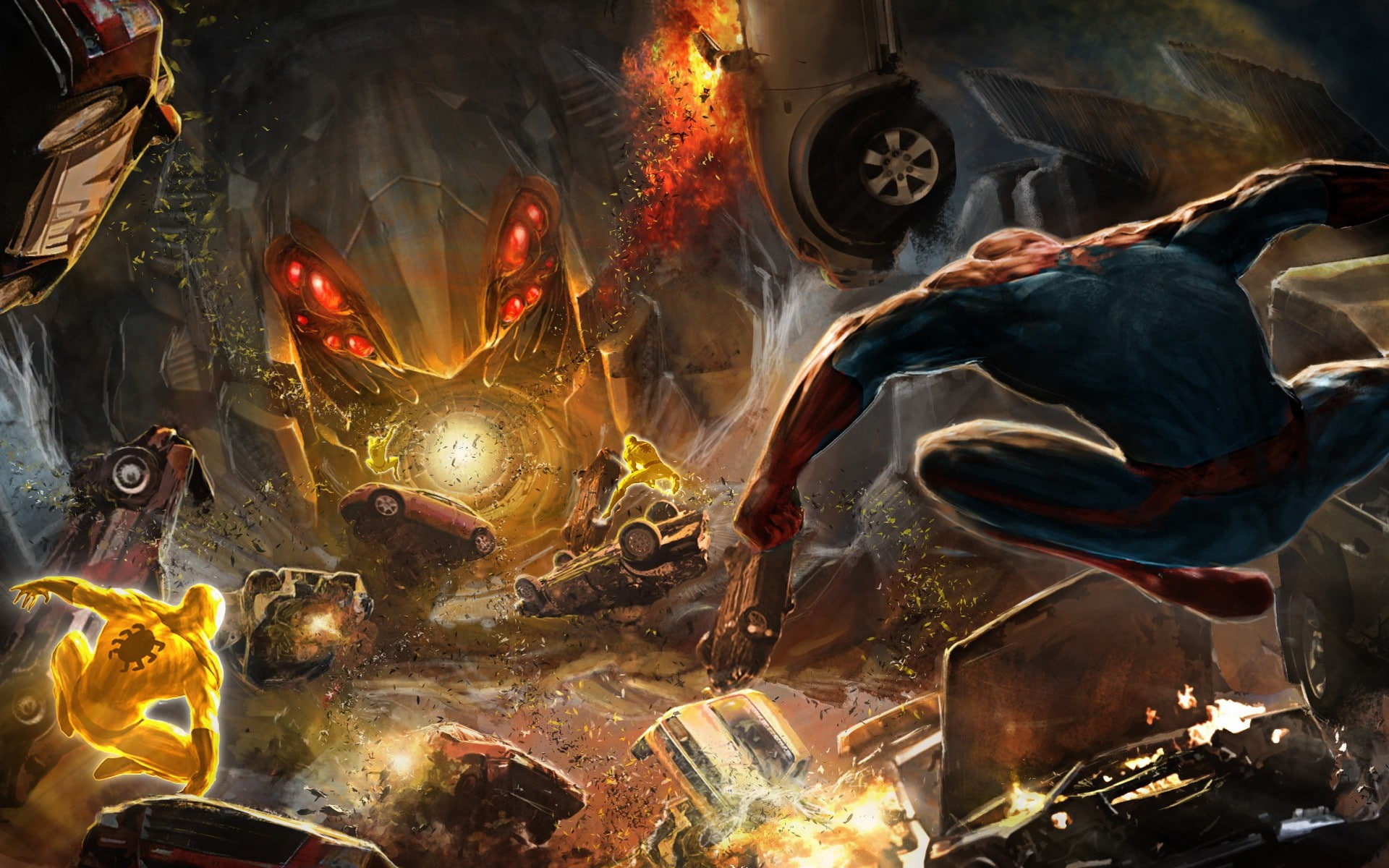 explosions, spiderman, hd, parker, Futuristic, peter, marvel, Robots, comics, art, 1080P, superheroes, artwork, HD Wallpaper