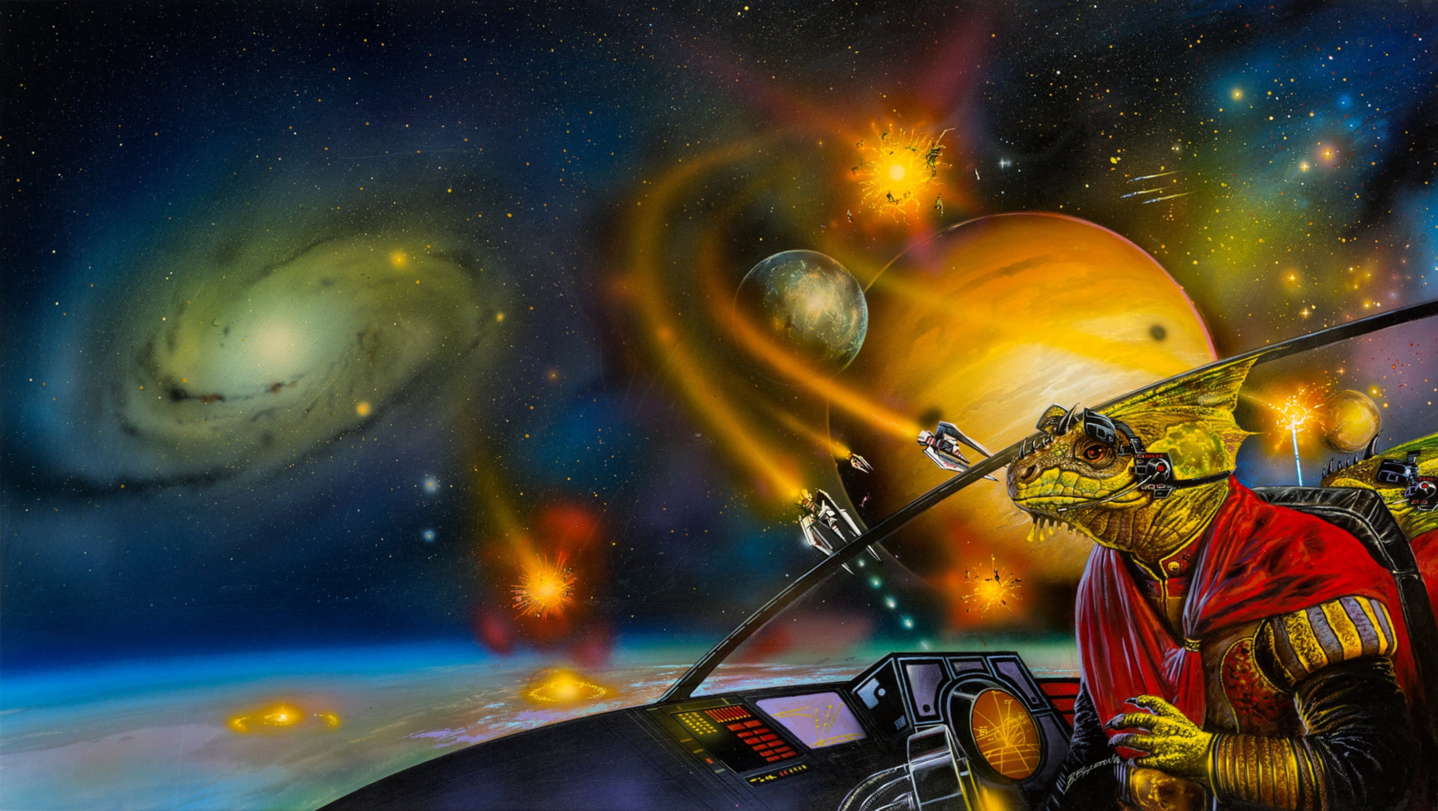 Moon, 2K, space battle, planet, Bob Eggleton, Lizardmen, science fiction, Laser Lords, galaxy, Pulp Magazine, HD Wallpaper