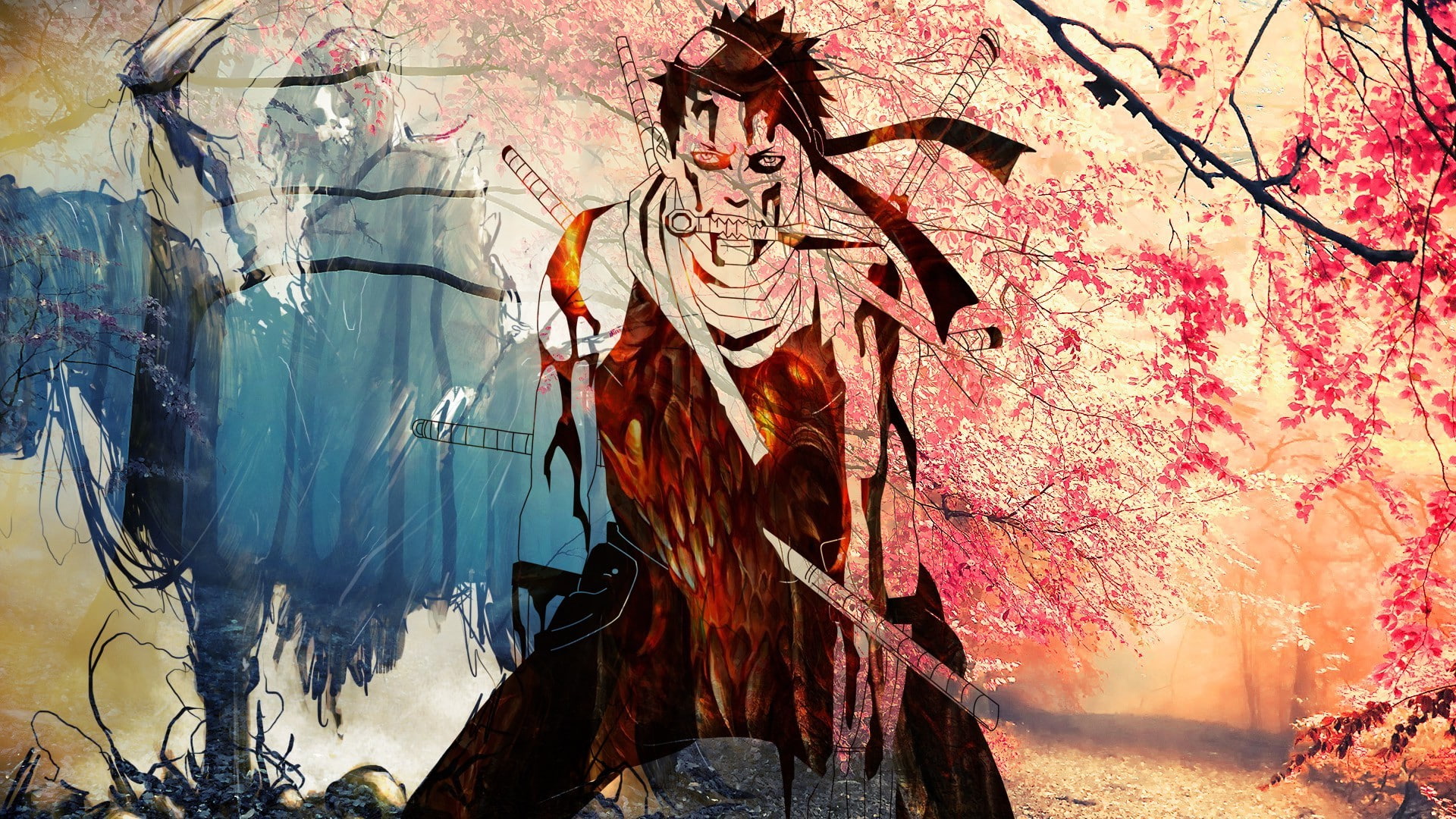 built structure, graffiti, nature, art and craft, Momochi Zabuza, plant, wall, tree, mural, branch, death, no people, day, water, Colorful, Naruto Shippuuden, HD Wallpaper