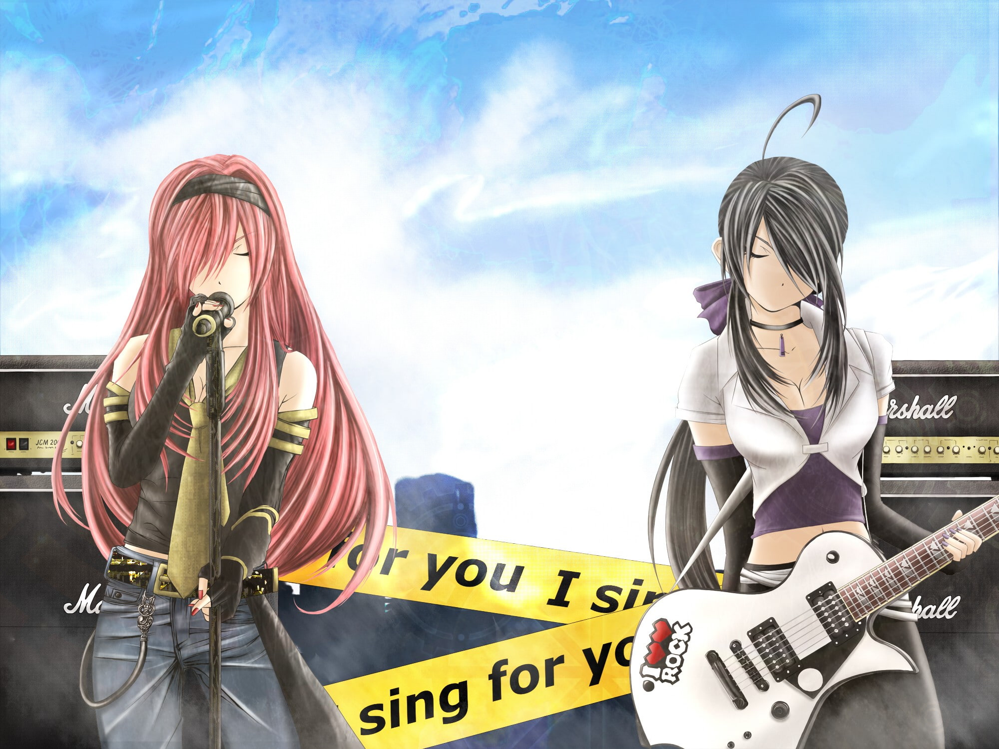 megurine, vocaloid, haku, 1080P, yowane, luka, girls, fanmade, anime, guitars, HD Wallpaper