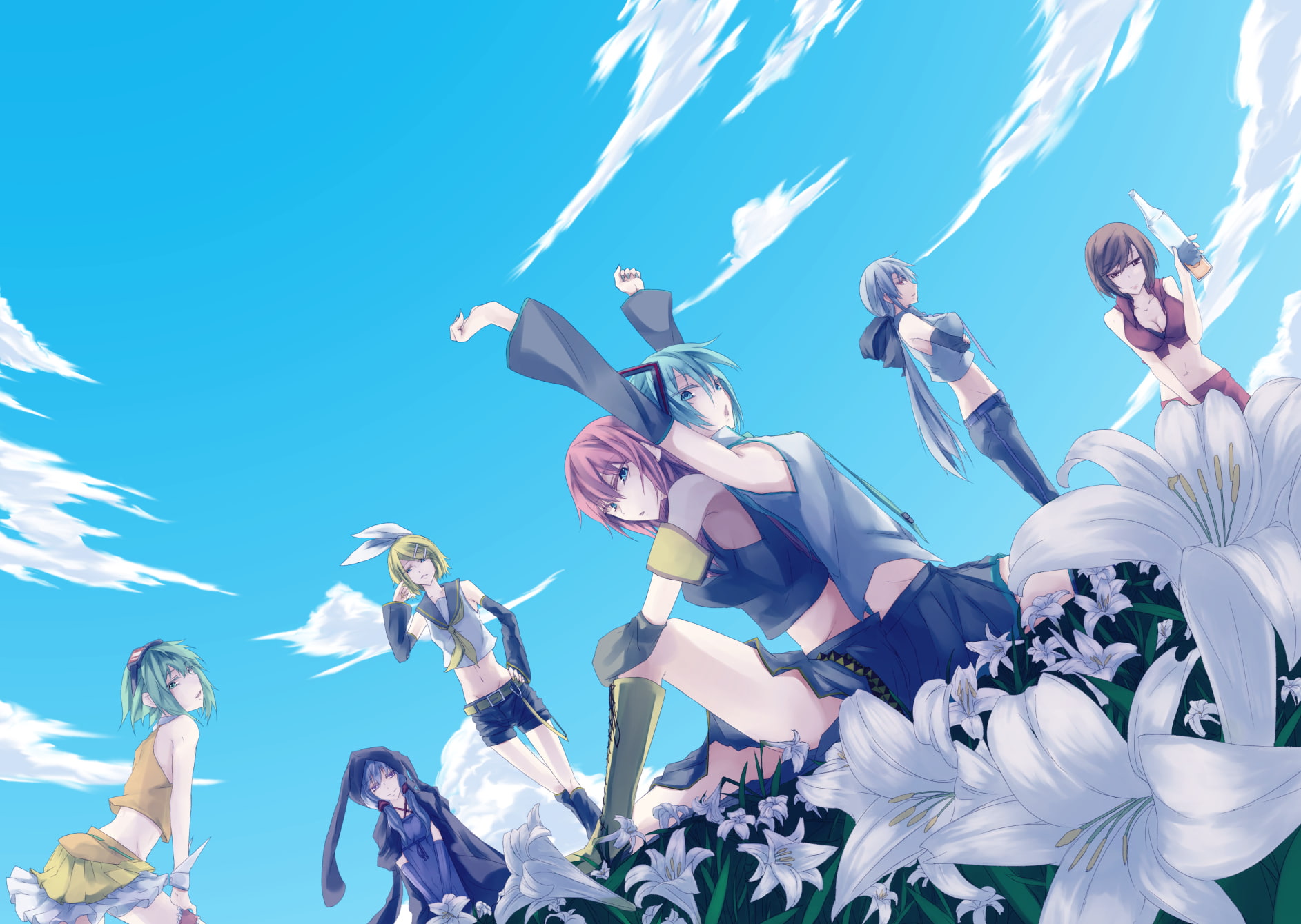 meiko, hatsune, yowane, vocaloid, megurine, haku, flowers, luka, yuzuki, rin, kagamine, miku, sky, mukuro238, 720P, kyouya, clouds, yukari, gumi, HD Wallpaper