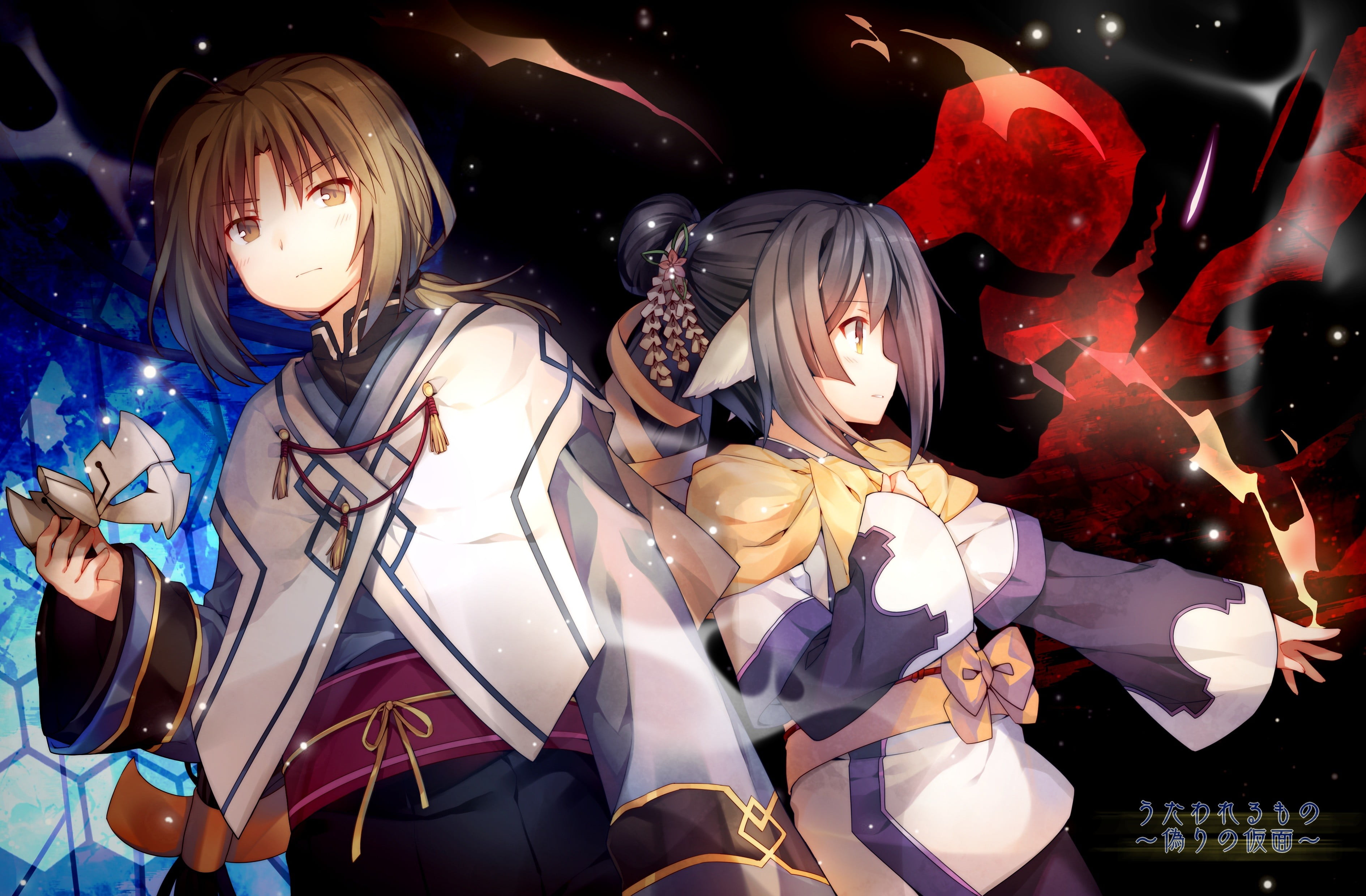 lighting equipment, female likeness, Utawarerumono, representation, no people, sculpture, close-up, male likeness, human representation, night, illuminated, HD Wallpaper