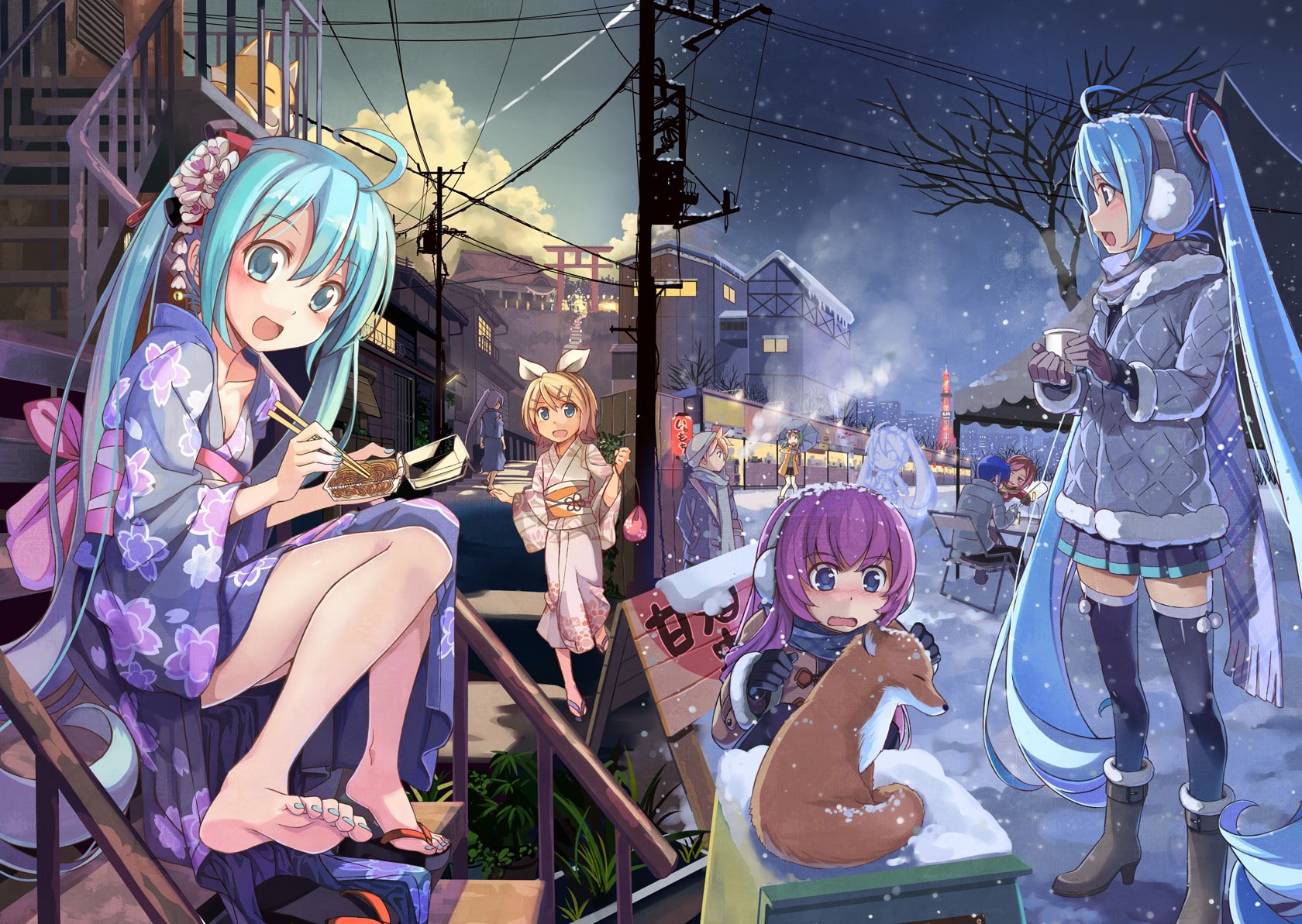 Hatsune Miku, animals, 720P, winter, Kagamine Rin, Vocaloid, kimono, Megurine Luka, snow, HD Wallpaper