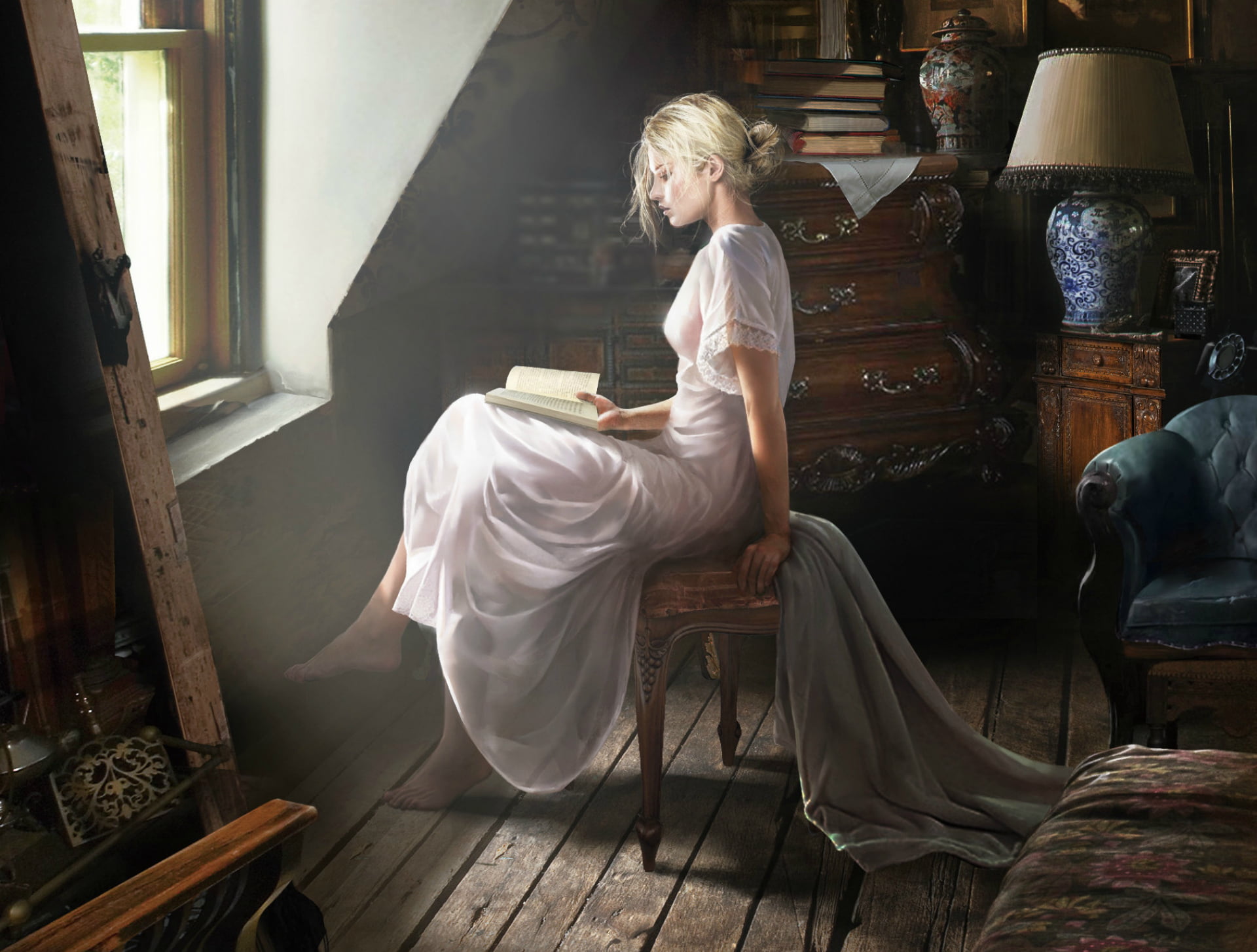 painting, real people, lifestyles, book, window, casual clothing, white, day, hair, indoors, side view, clothing, reading, young adult, woman, full length, HD Wallpaper